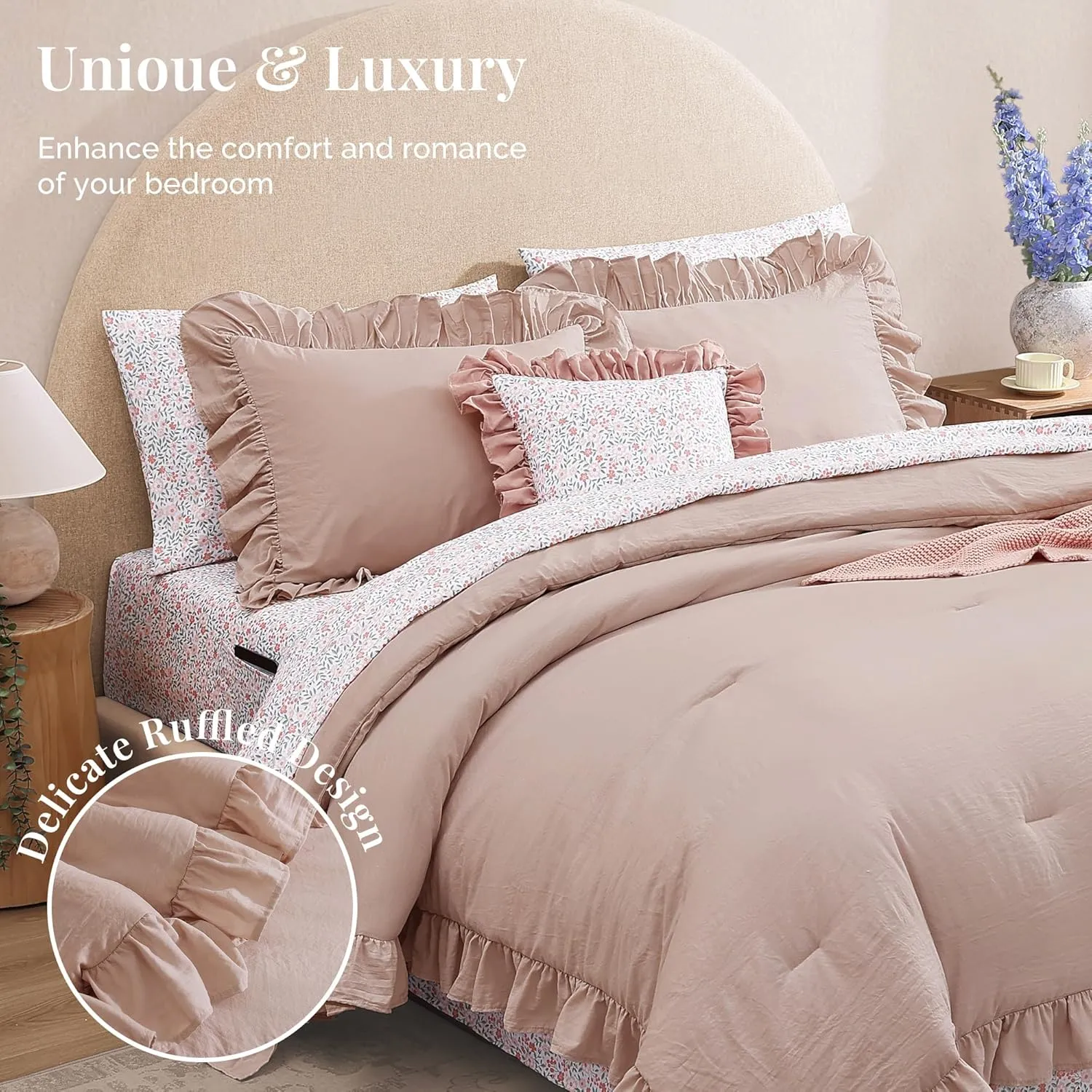 Full Comforter Set - 7 Pieces Ruffle Pink Bedding Sets, Shabby Chic Farmhouse Bed in a Bag Full with Ruffle Comforter, Floral Sheets, Pillowcases & Shams