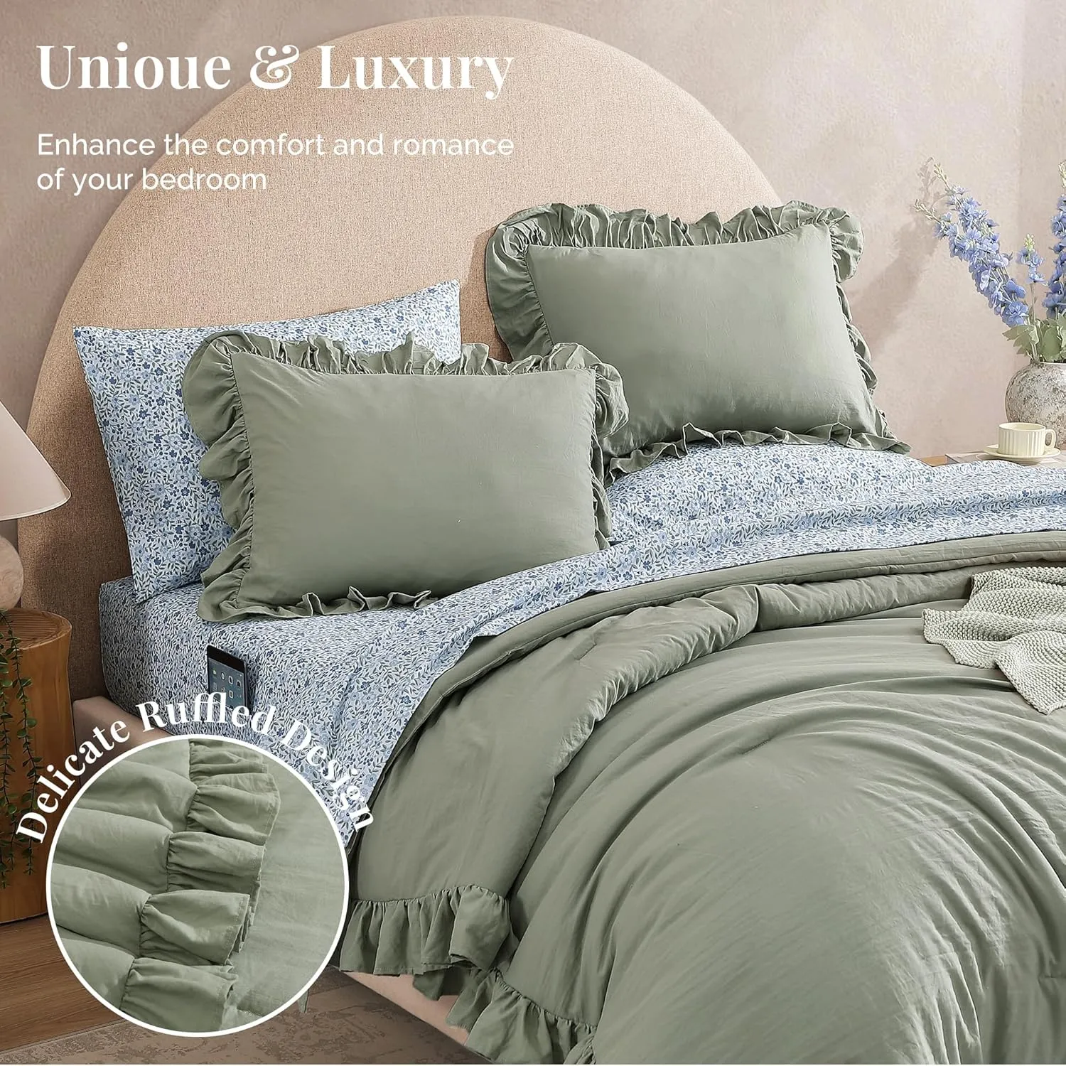 Full Comforter Set - 7 Pieces Ruffle Sage Green Bedding Sets, Shabby Chic Farmhouse Bed in a Bag Full with Ruffle Comforter, Floral Sheets, Pillowcases & Shams