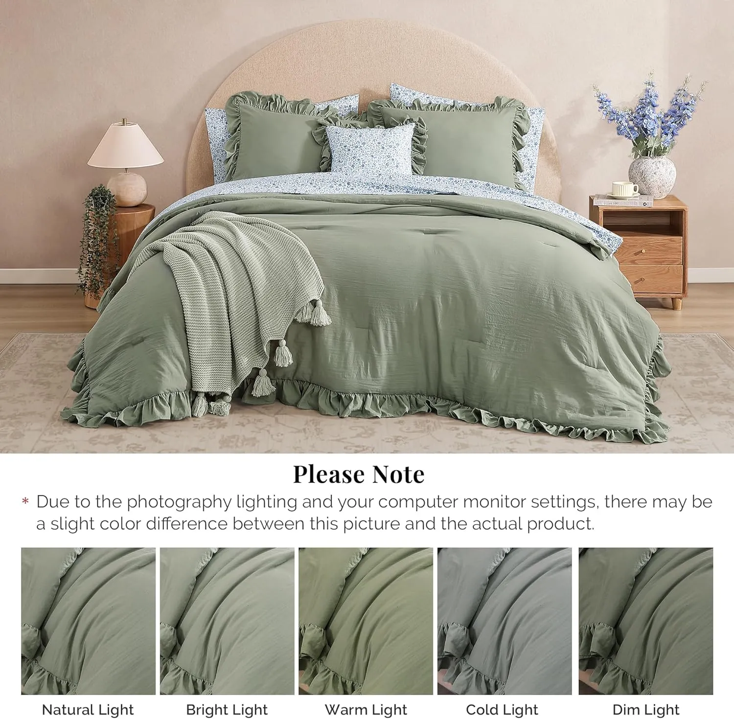 Full Comforter Set - 7 Pieces Ruffle Sage Green Bedding Sets, Shabby Chic Farmhouse Bed in a Bag Full with Ruffle Comforter, Floral Sheets, Pillowcases & Shams
