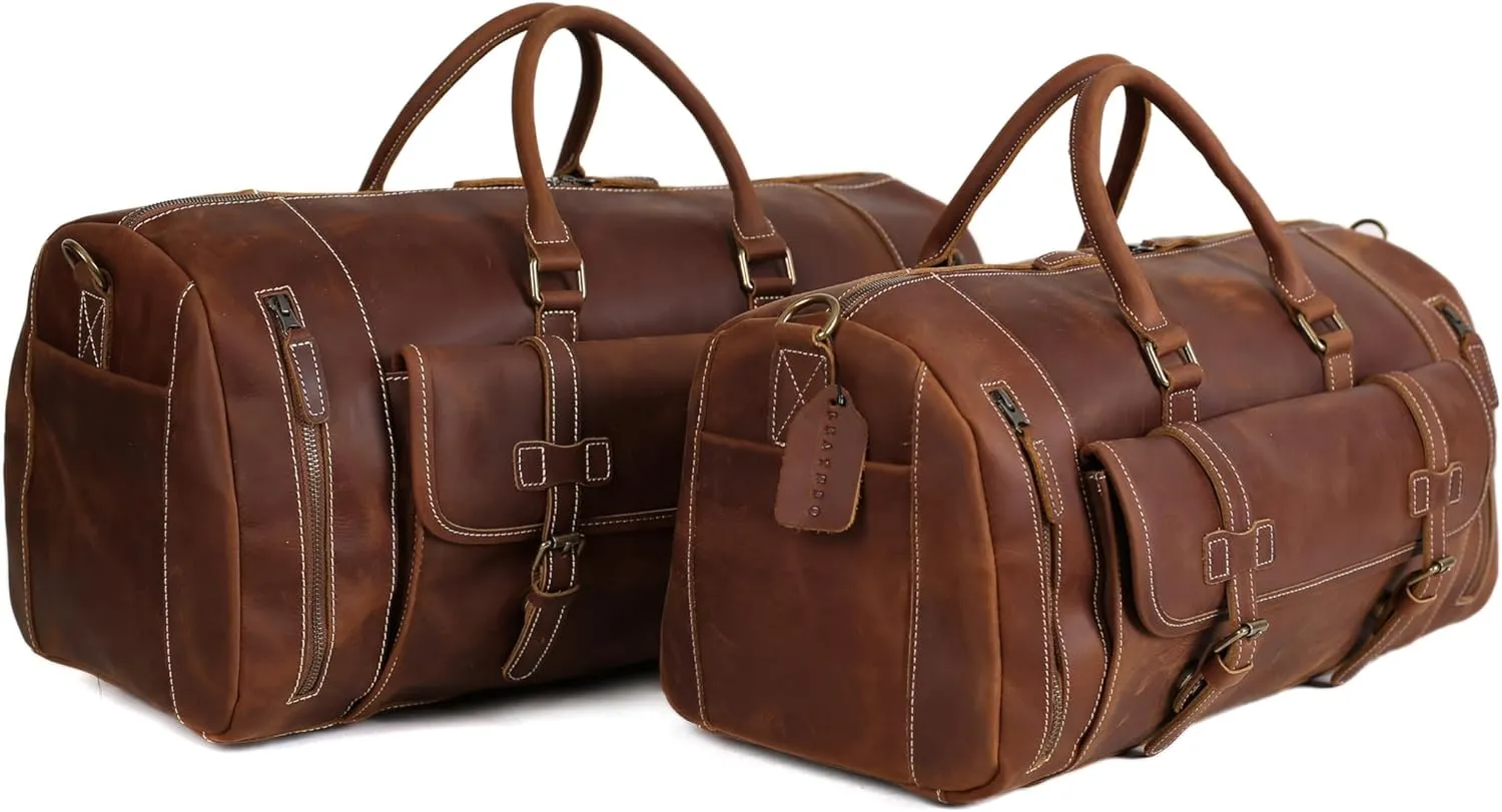 Full Grain Leather Travel Duffel Bag, Leather Weekend Bag with Shoe Compartment, Mens Classic Gift Carry on Bag (Carry-On 20-Inch)