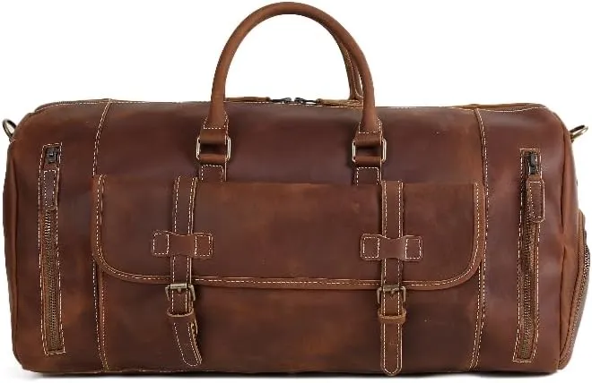 Full Grain Leather Travel Duffel Bag, Leather Weekend Bag with Shoe Compartment, Mens Classic Gift Carry on Bag (Carry-On 20-Inch)