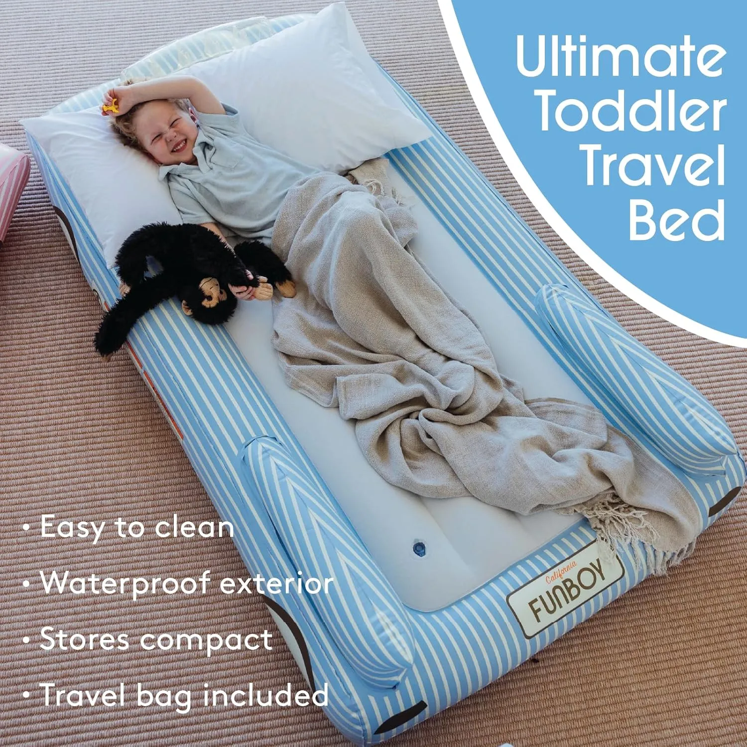 FUNBOY Kids Blue Inflatable Travel Bed & Mattress. Perfect for Sleepovers. Includes Carrying Case Storage Bag, Twin