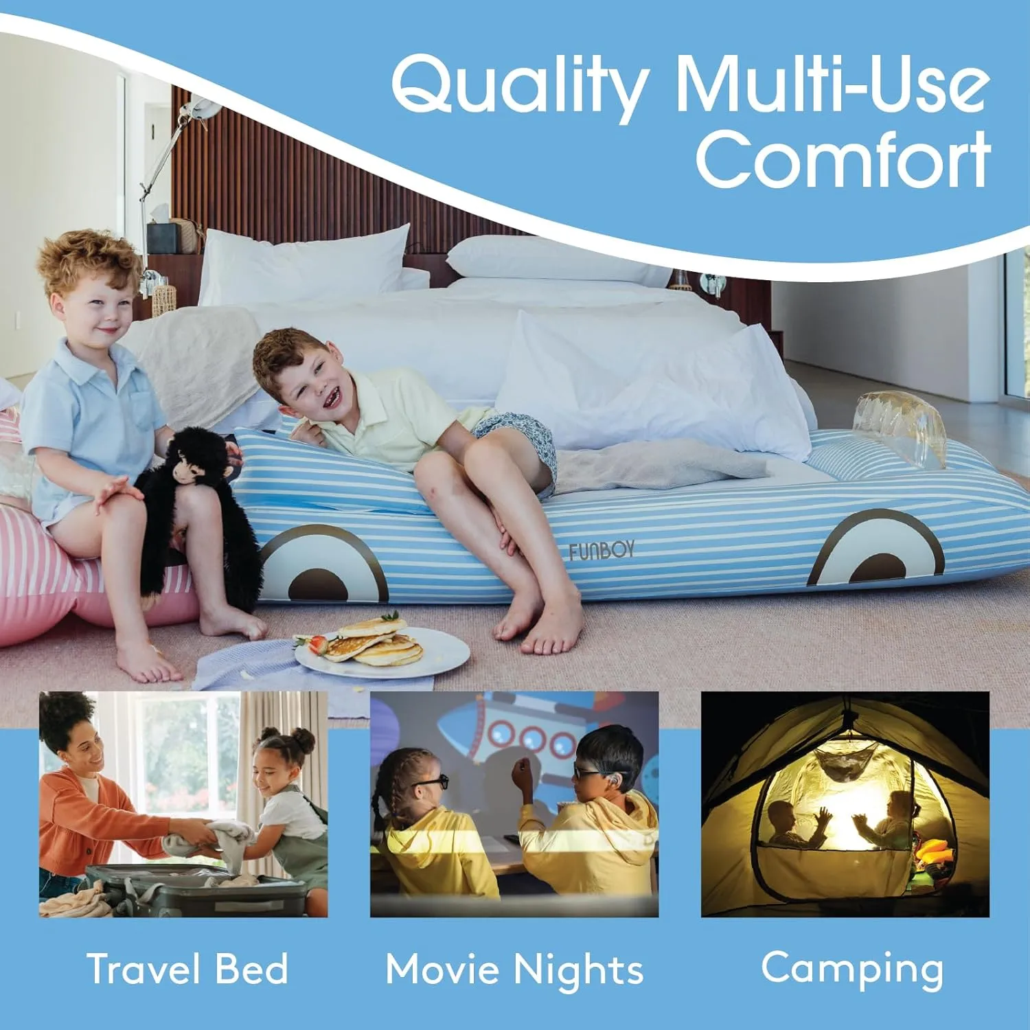FUNBOY Kids Blue Inflatable Travel Bed & Mattress. Perfect for Sleepovers. Includes Carrying Case Storage Bag, Twin