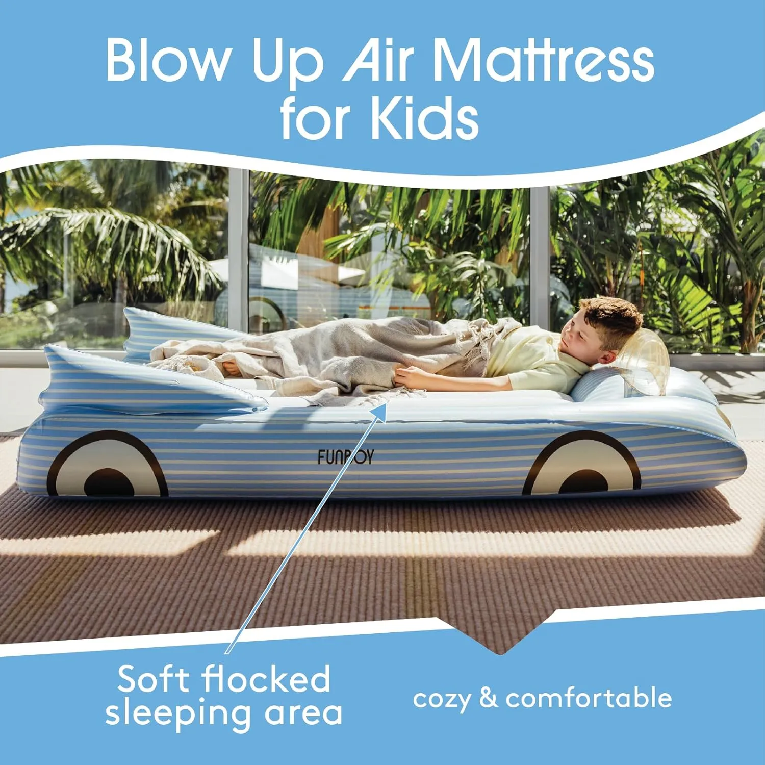 FUNBOY Kids Blue Inflatable Travel Bed & Mattress. Perfect for Sleepovers. Includes Carrying Case Storage Bag, Twin