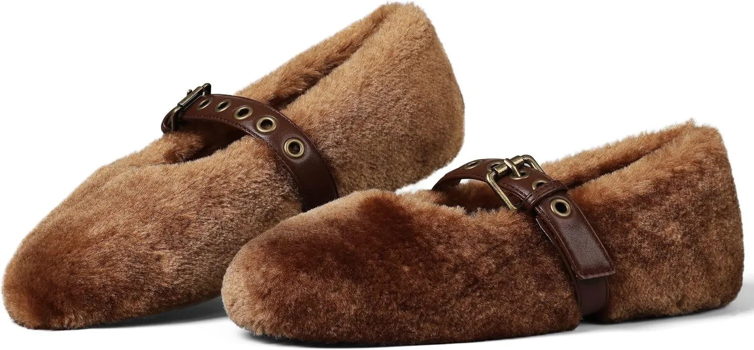 Fur Ballet Flats for Women Buckle Strap Mary Jane Shoes Comfy Ballerina Flats Casual Office Mary Janes Cute Faux Fur Flat Shoes for Women