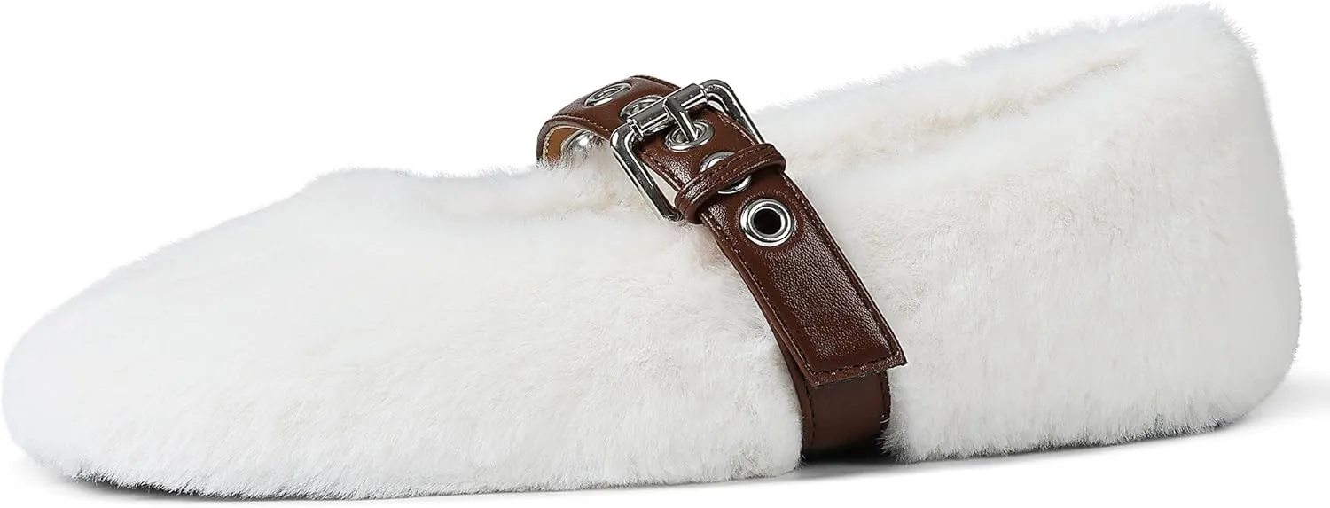 Fur Ballet Flats for Women Buckle Strap Mary Jane Shoes Comfy Ballerina Flats Casual Office Mary Janes Cute Faux Fur Flat Shoes for Women