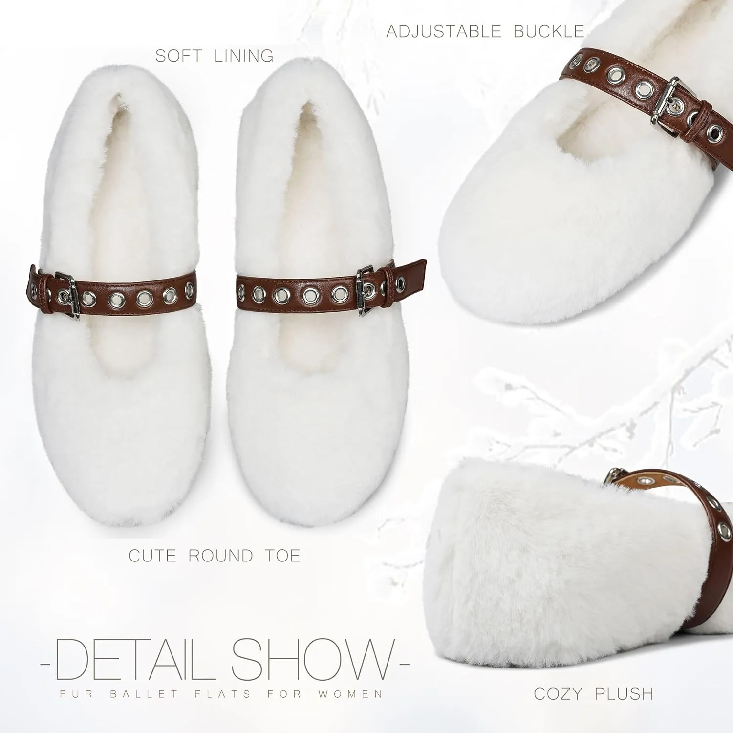 Fur Ballet Flats for Women Buckle Strap Mary Jane Shoes Comfy Ballerina Flats Casual Office Mary Janes Cute Faux Fur Flat Shoes for Women