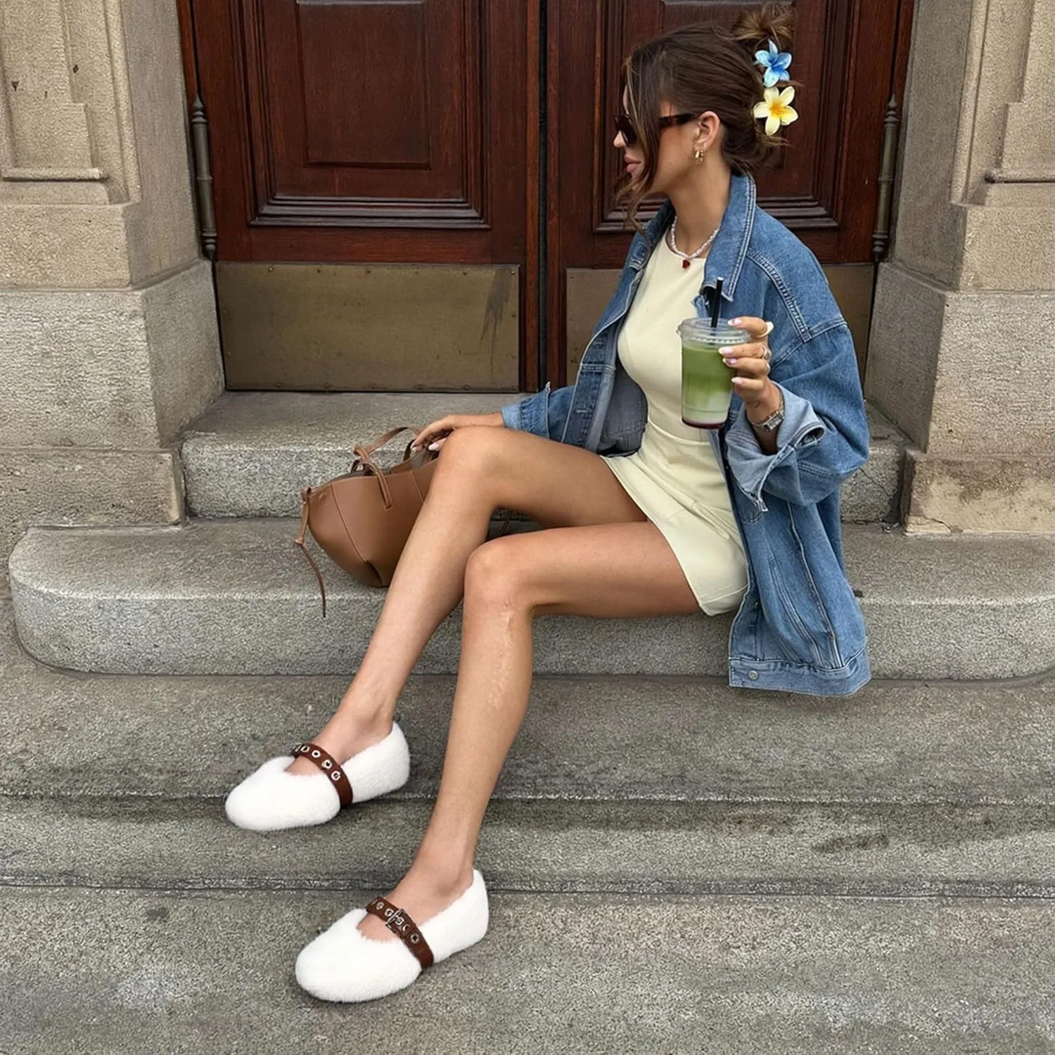 Fur Ballet Flats for Women Buckle Strap Mary Jane Shoes Comfy Ballerina Flats Casual Office Mary Janes Cute Faux Fur Flat Shoes for Women