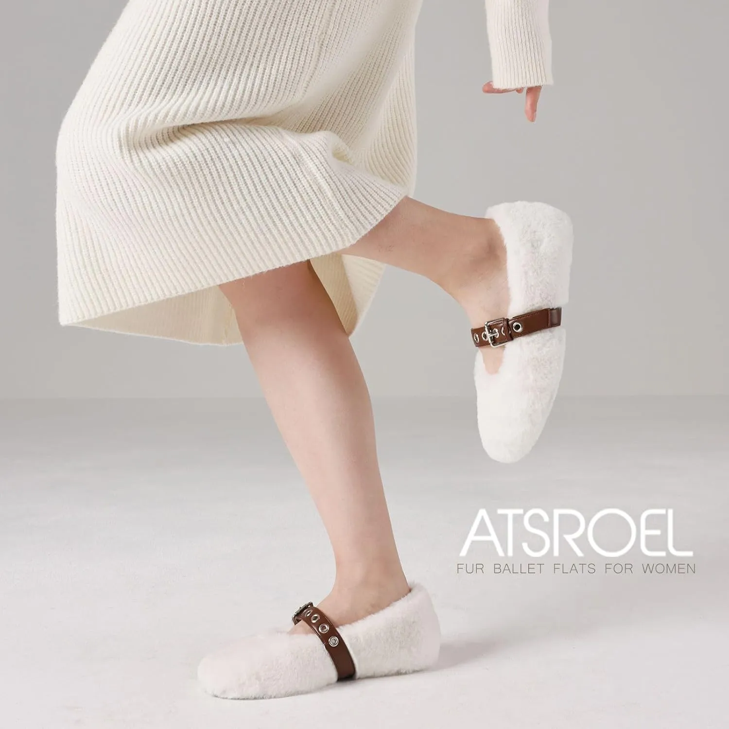 Fur Ballet Flats for Women Buckle Strap Mary Jane Shoes Comfy Ballerina Flats Casual Office Mary Janes Cute Faux Fur Flat Shoes for Women