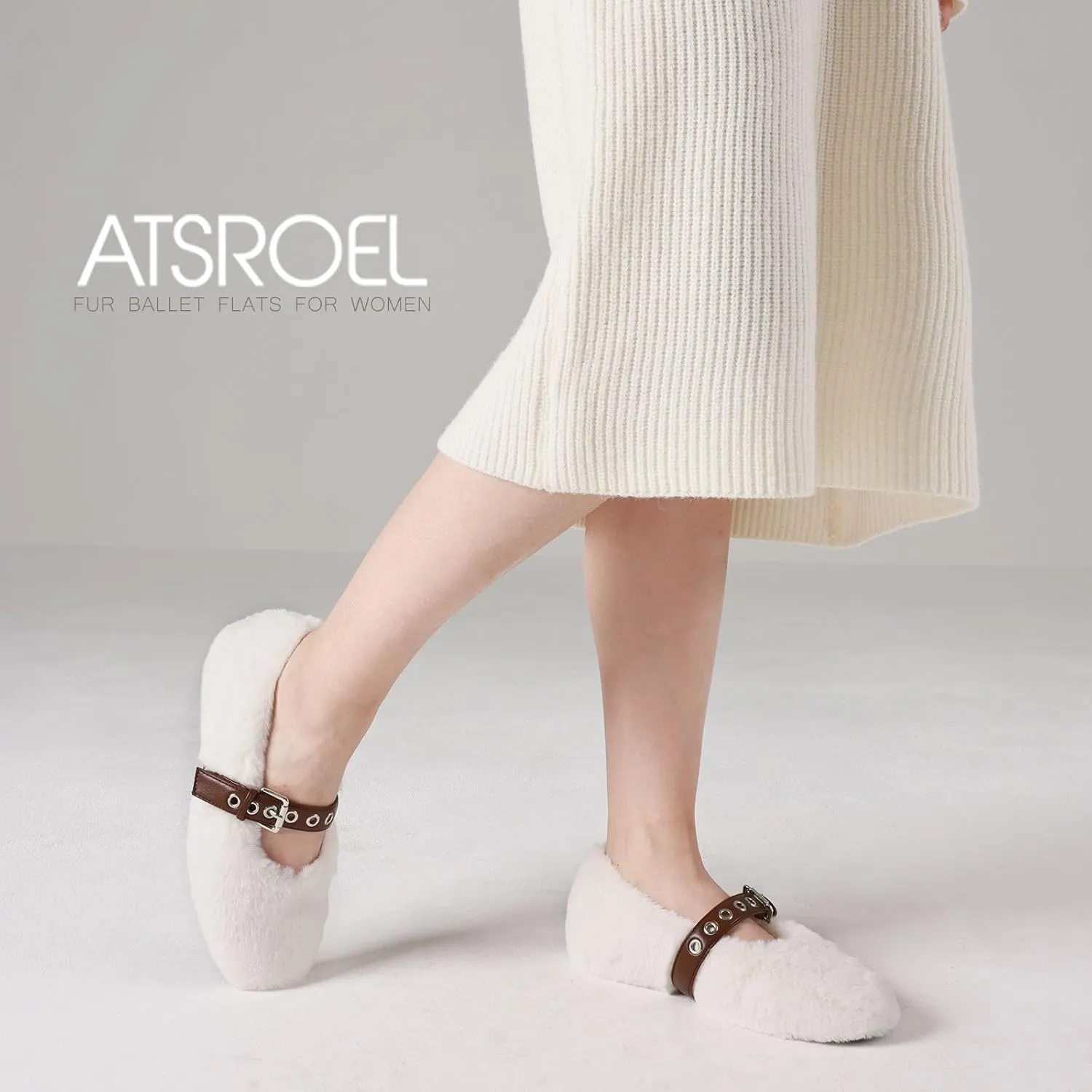 Fur Ballet Flats for Women Buckle Strap Mary Jane Shoes Comfy Ballerina Flats Casual Office Mary Janes Cute Faux Fur Flat Shoes for Women