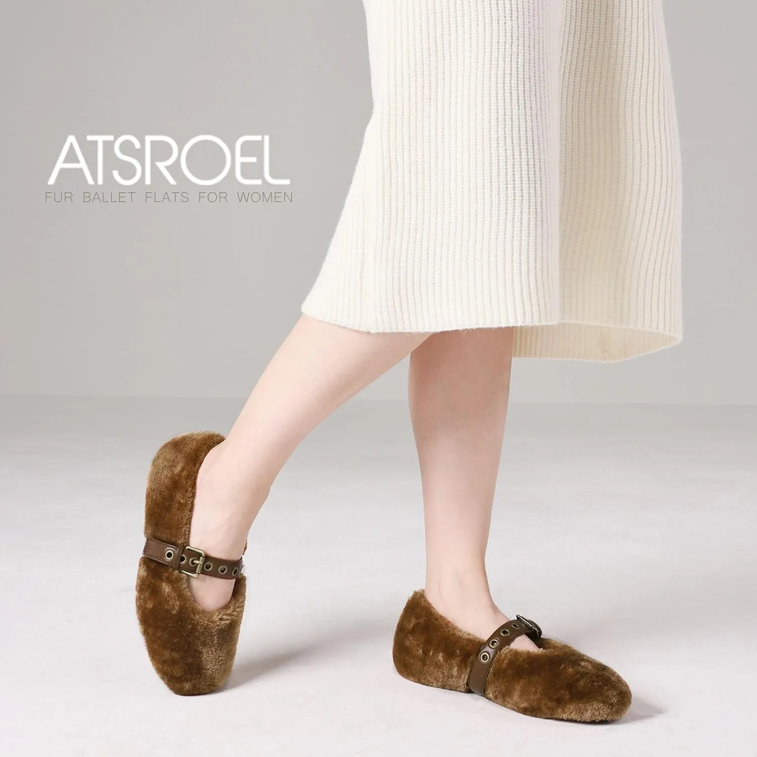 Fur Ballet Flats for Women Buckle Strap Mary Jane Shoes Comfy Ballerina Flats Casual Office Mary Janes Cute Faux Fur Flat Shoes for Women