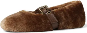 Fur Ballet Flats for Women Buckle Strap Mary Jane Shoes Comfy Ballerina Flats Casual Office Mary Janes Cute Faux Fur Flat Shoes for Women
