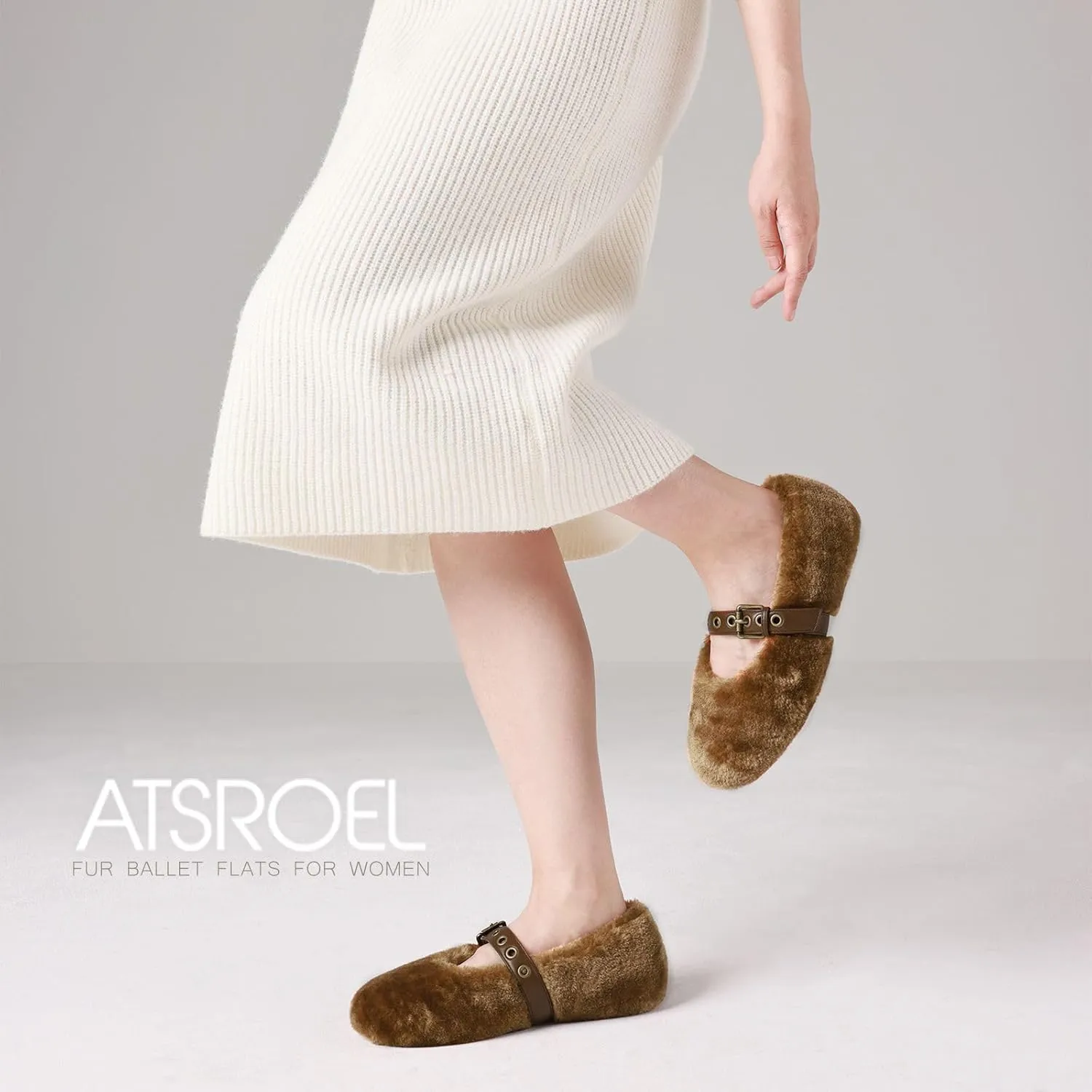 Fur Ballet Flats for Women Buckle Strap Mary Jane Shoes Comfy Ballerina Flats Casual Office Mary Janes Cute Faux Fur Flat Shoes for Women
