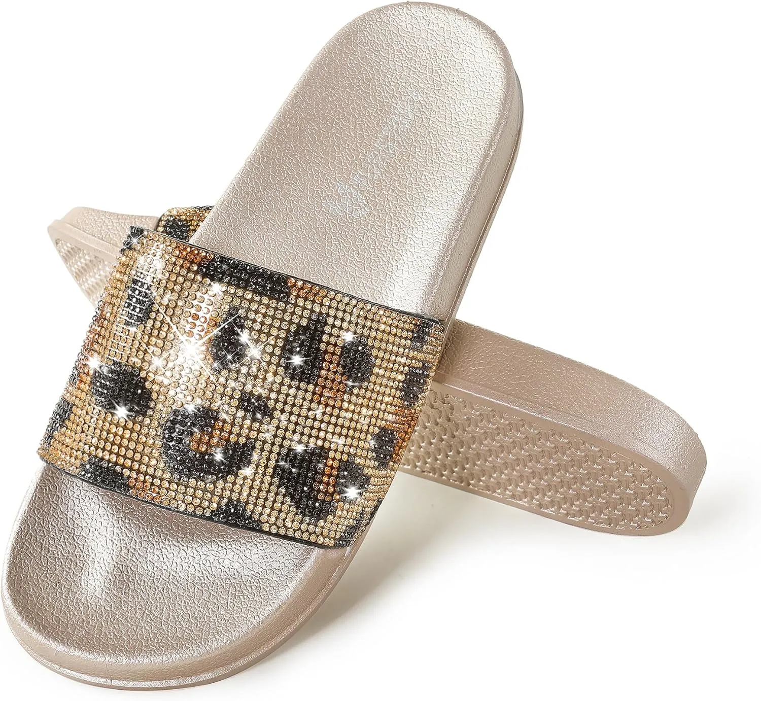 Fur Story Womens Slides House Slippers Rhinestone Glitter Slides Cute bling Flat for Women Platform Sandals Cozy Bedroom Slippers Shower Shoes