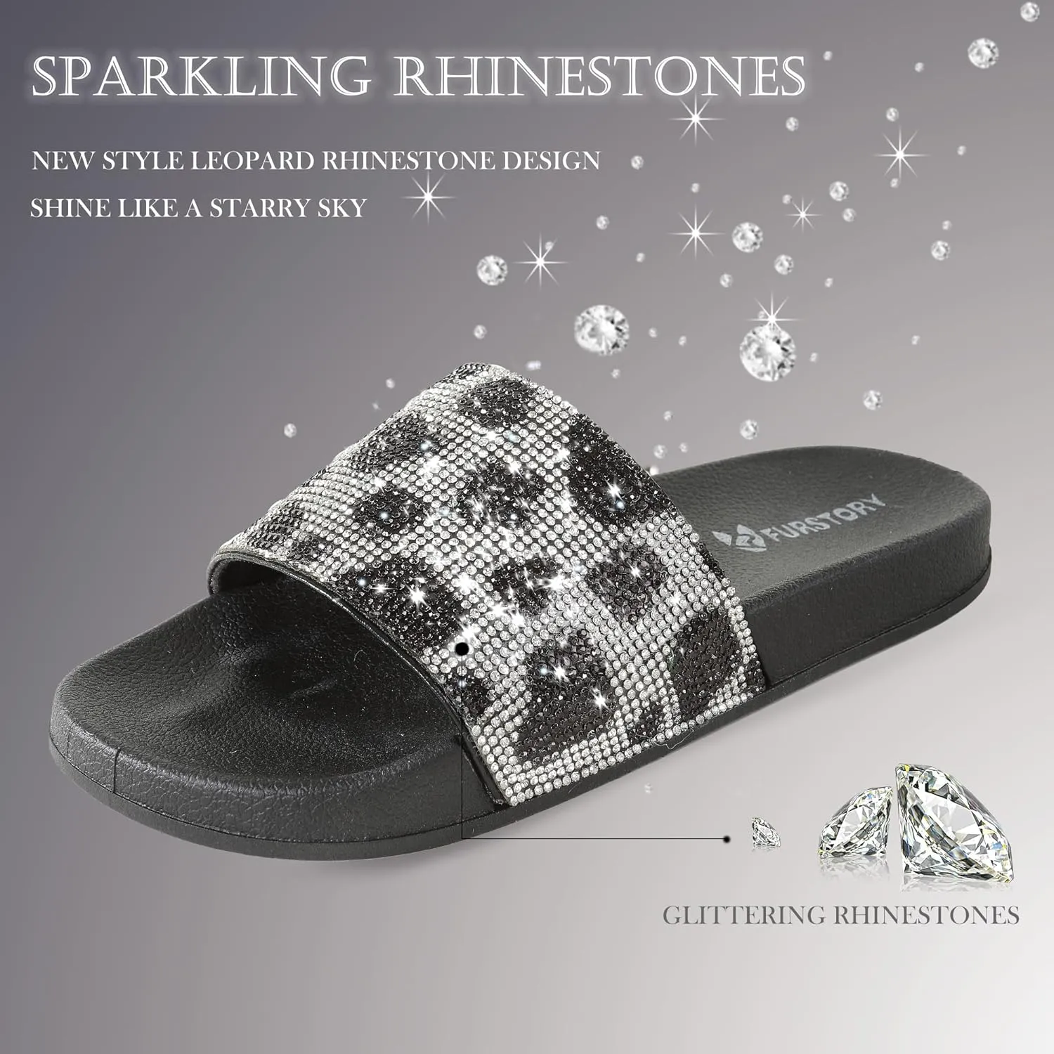 Fur Story Womens Slides House Slippers Rhinestone Glitter Slides Cute bling Flat for Women Platform Sandals Cozy Bedroom Slippers Shower Shoes
