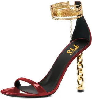 FYS Women's Sexy Open Toe Single Strap Heeled Sandals Gold Chain Special High Heels Ankle Wrap Party Club Night Dress Prom Shoes Size 4-16 US