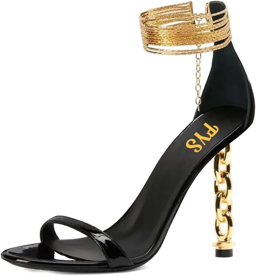 FYS Women's Sexy Open Toe Single Strap Heeled Sandals Gold Chain Special High Heels Ankle Wrap Party Club Night Dress Prom Shoes Size 4-16 US