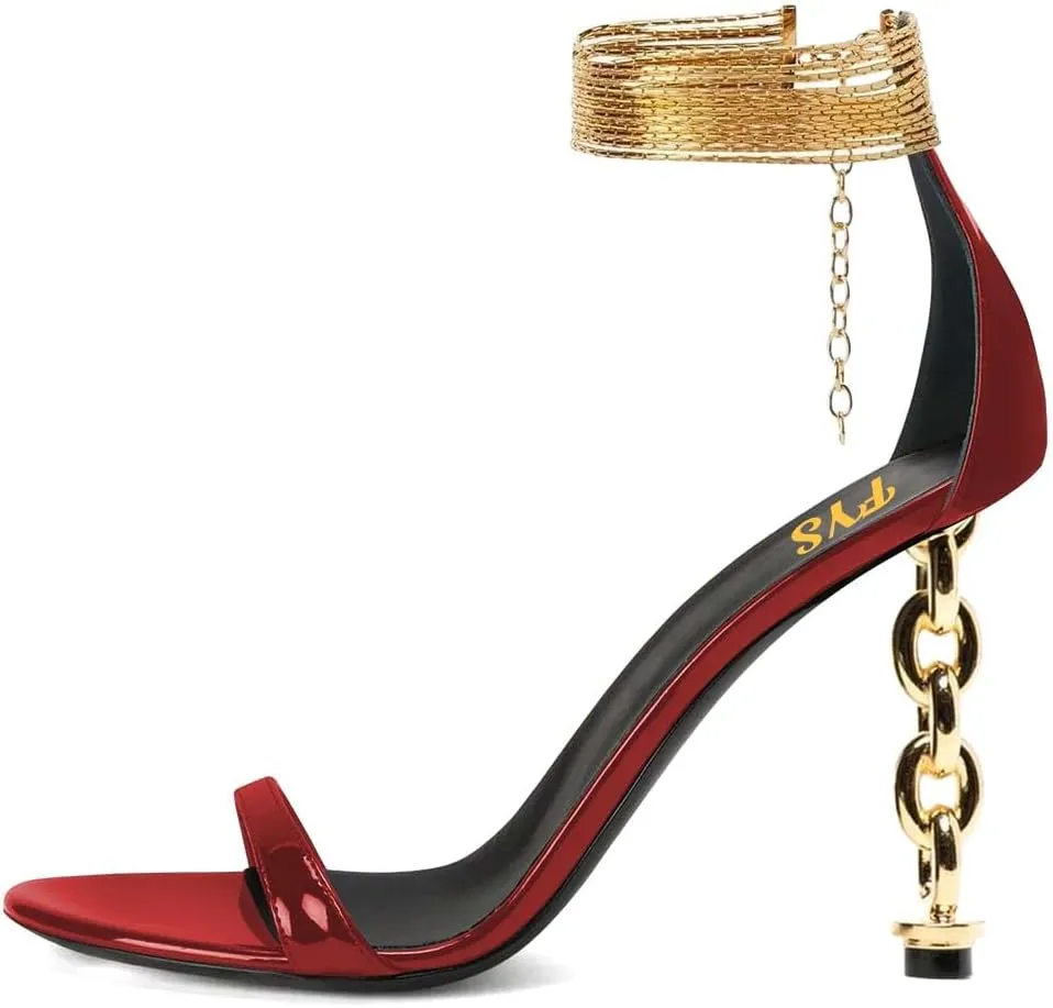 FYS Women's Sexy Open Toe Single Strap Heeled Sandals Gold Chain Special High Heels Ankle Wrap Party Club Night Dress Prom Shoes Size 4-16 US