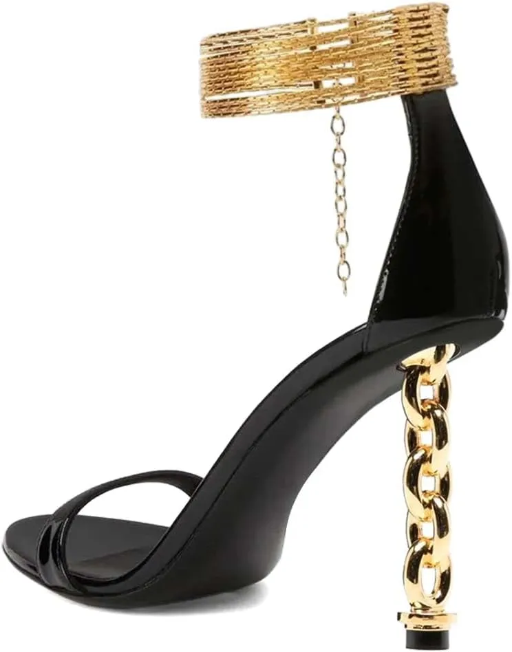 FYS Women's Sexy Open Toe Single Strap Heeled Sandals Gold Chain Special High Heels Ankle Wrap Party Club Night Dress Prom Shoes Size 4-16 US