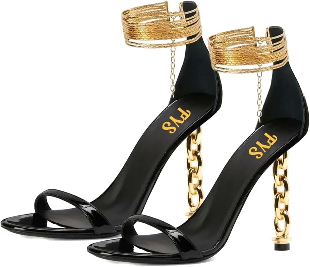 FYS Women's Sexy Open Toe Single Strap Heeled Sandals Gold Chain Special High Heels Ankle Wrap Party Club Night Dress Prom Shoes Size 4-16 US