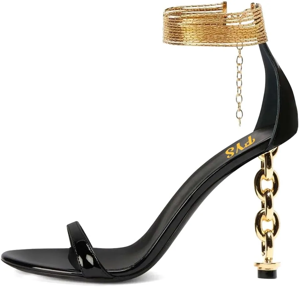 FYS Women's Sexy Open Toe Single Strap Heeled Sandals Gold Chain Special High Heels Ankle Wrap Party Club Night Dress Prom Shoes Size 4-16 US