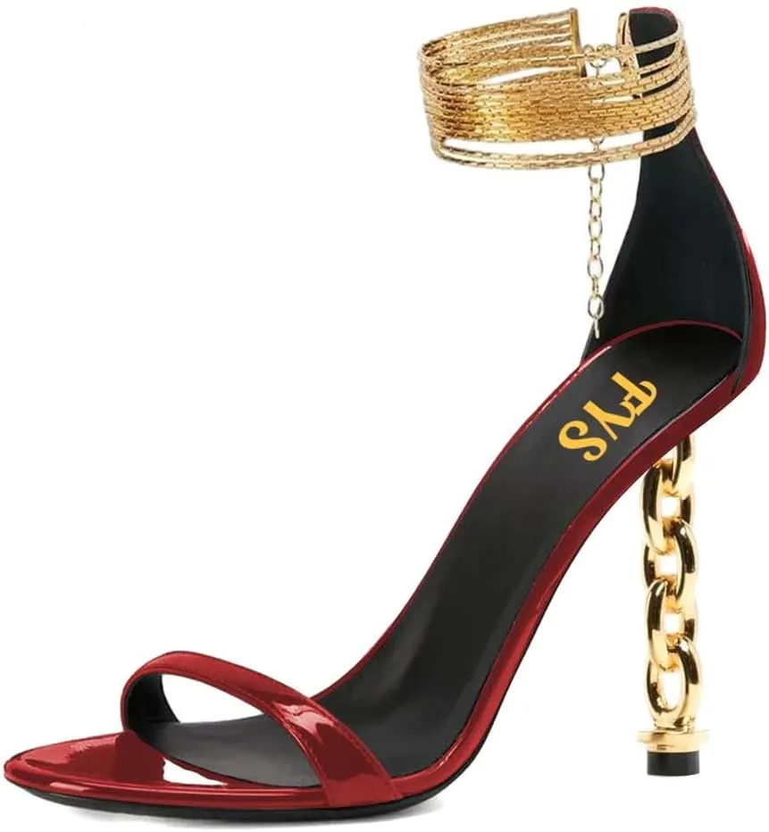 FYS Women's Sexy Open Toe Single Strap Heeled Sandals Gold Chain Special High Heels Ankle Wrap Party Club Night Dress Prom Shoes Size 4-16 US
