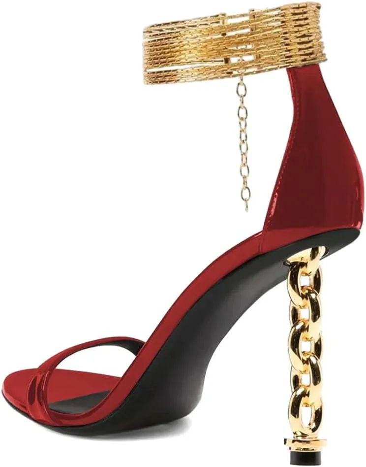 FYS Women's Sexy Open Toe Single Strap Heeled Sandals Gold Chain Special High Heels Ankle Wrap Party Club Night Dress Prom Shoes Size 4-16 US