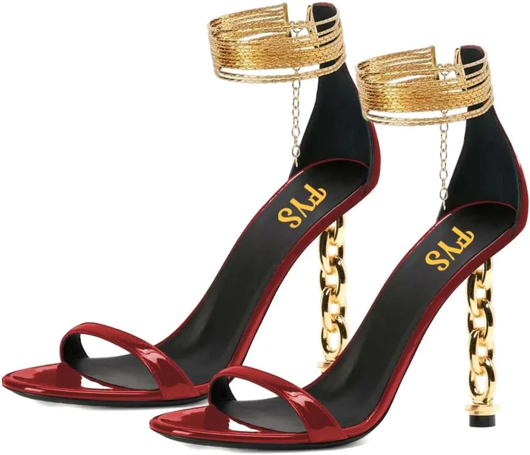 FYS Women's Sexy Open Toe Single Strap Heeled Sandals Gold Chain Special High Heels Ankle Wrap Party Club Night Dress Prom Shoes Size 4-16 US