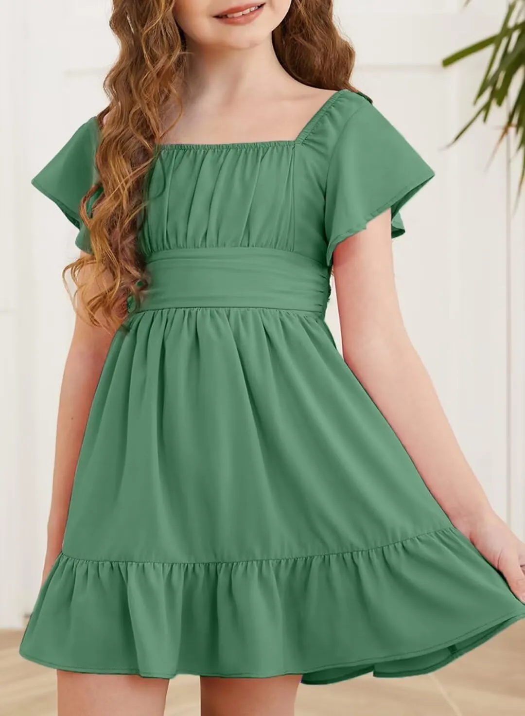 Girls Elegant Ruffle Short Sleeve Back Tie Dresses 6-13 Years Old