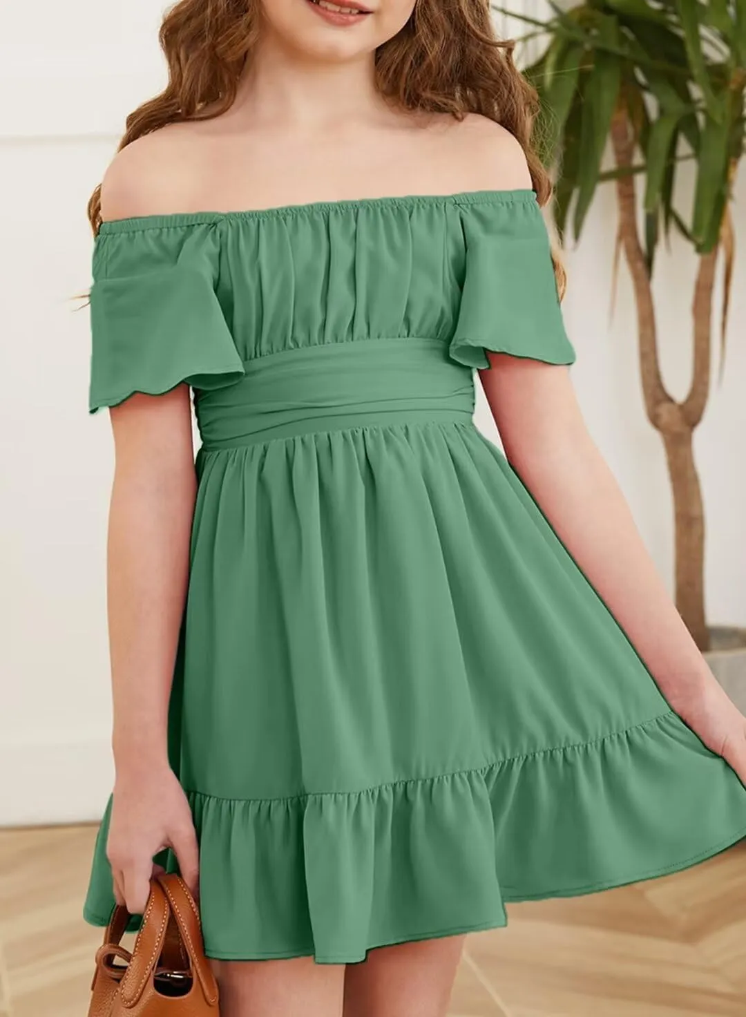 Girls Elegant Ruffle Short Sleeve Back Tie Dresses 6-13 Years Old