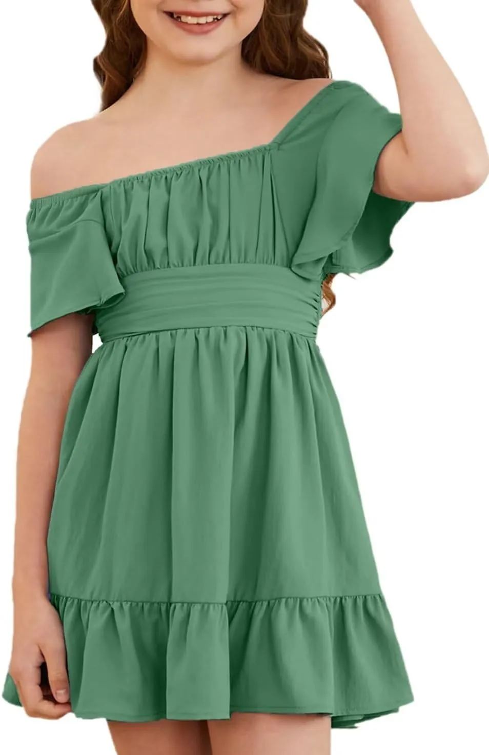 Girls Elegant Ruffle Short Sleeve Back Tie Dresses 6-13 Years Old
