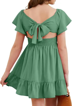 Girls Elegant Ruffle Short Sleeve Back Tie Dresses 6-13 Years Old