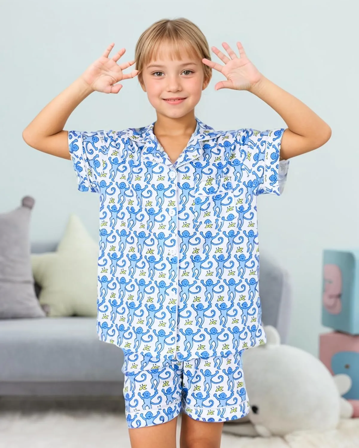 Girls Summer Outfit, Kids 2 Piece Button Down Monkey Beach Shorts Set Ugly Animal Y2k Preppy Loungewear Pjs