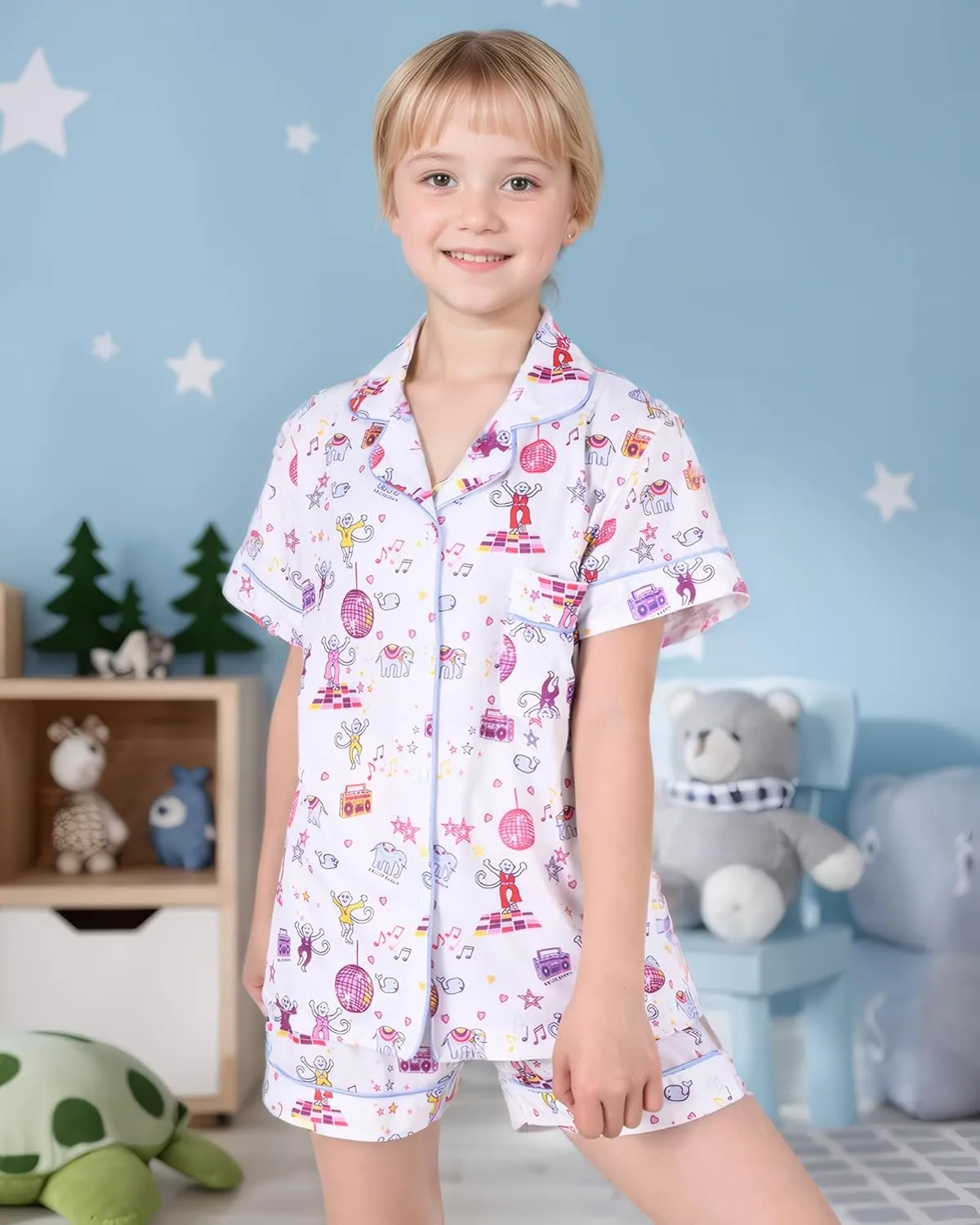Girls Summer Outfit, Kids 2 Piece Button Down Monkey Beach Shorts Set Ugly Animal Y2k Preppy Loungewear Pjs