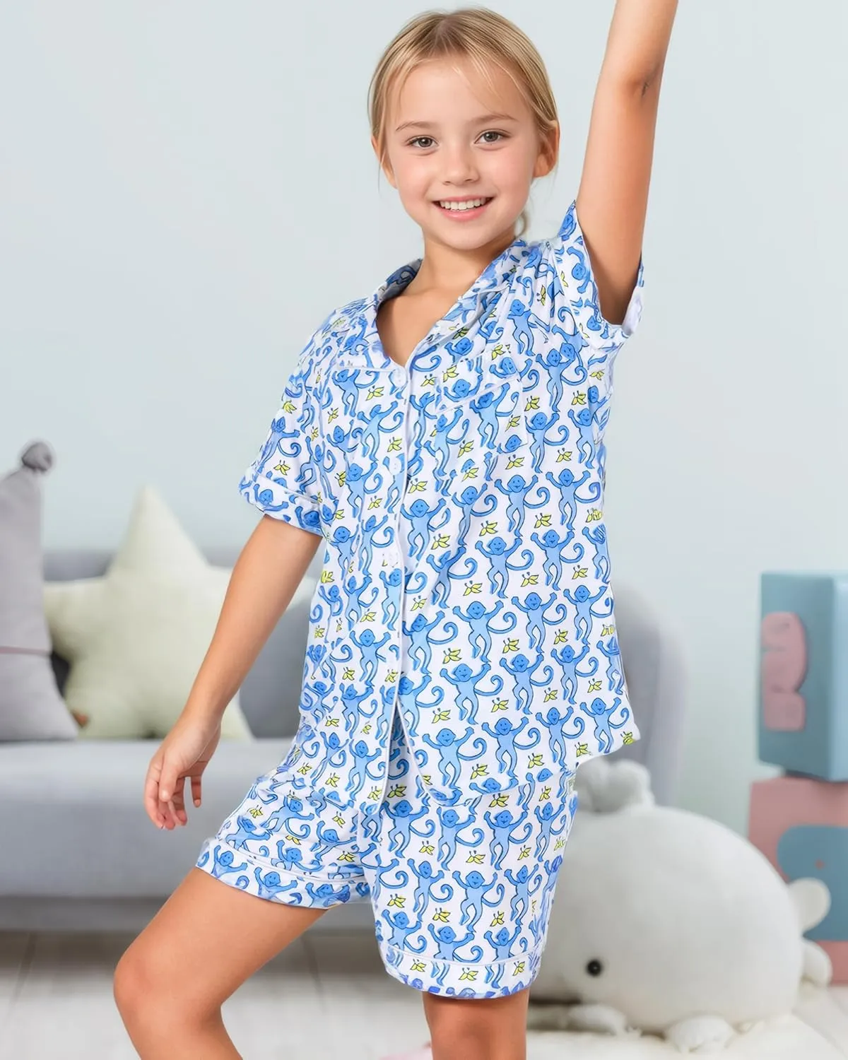 Girls Summer Outfit, Kids 2 Piece Button Down Monkey Beach Shorts Set Ugly Animal Y2k Preppy Loungewear Pjs