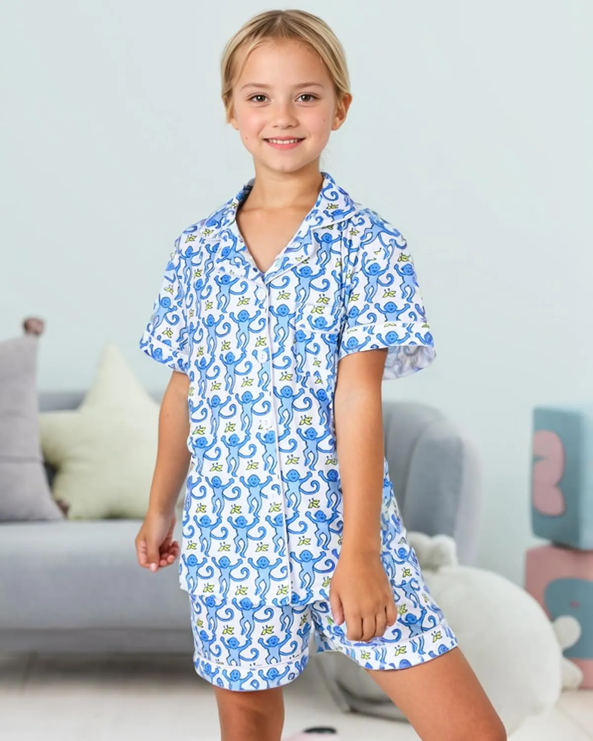 Girls Summer Outfit, Kids 2 Piece Button Down Monkey Beach Shorts Set Ugly Animal Y2k Preppy Loungewear Pjs