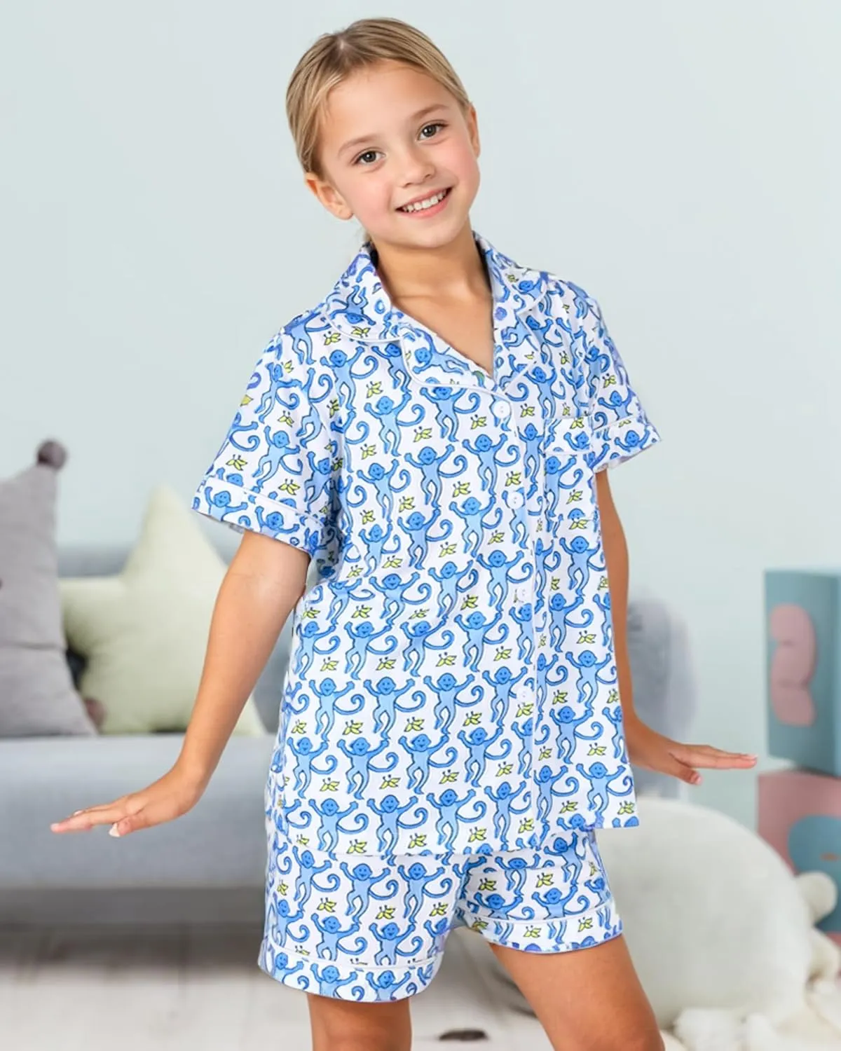 Girls Summer Outfit, Kids 2 Piece Button Down Monkey Beach Shorts Set Ugly Animal Y2k Preppy Loungewear Pjs