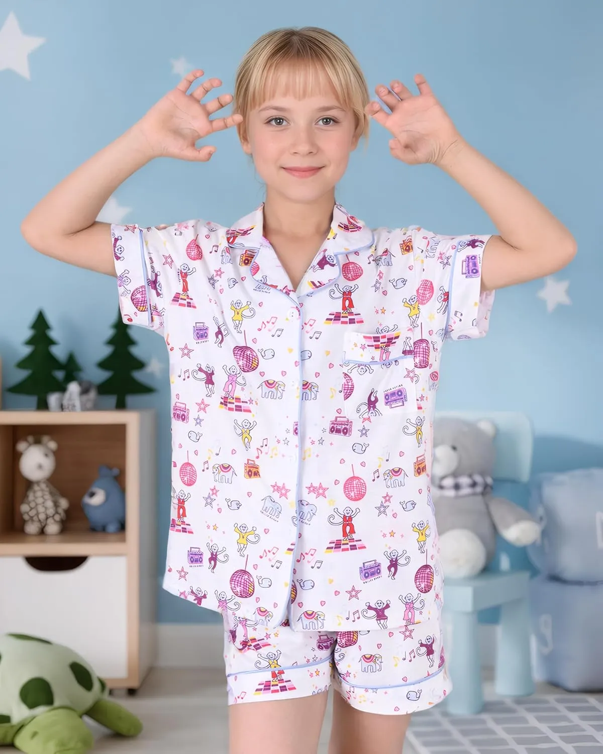 Girls Summer Outfit, Kids 2 Piece Button Down Monkey Beach Shorts Set Ugly Animal Y2k Preppy Loungewear Pjs