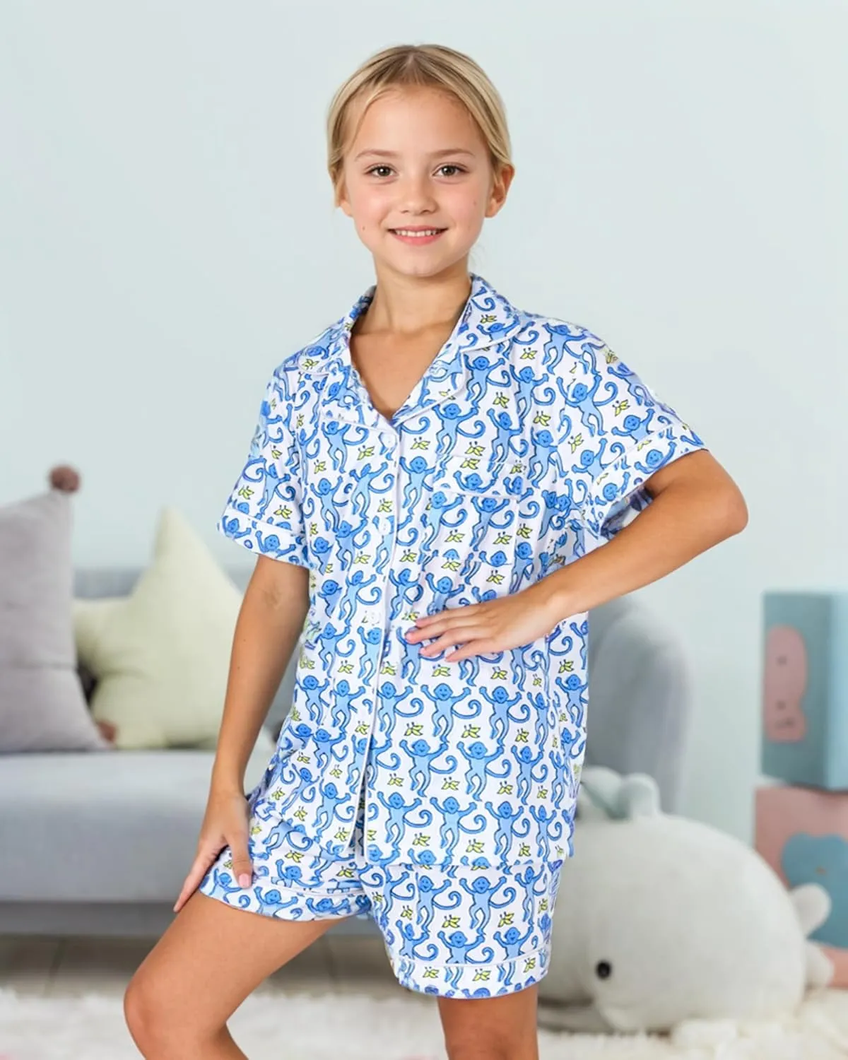 Girls Summer Outfit, Kids 2 Piece Button Down Monkey Beach Shorts Set Ugly Animal Y2k Preppy Loungewear Pjs
