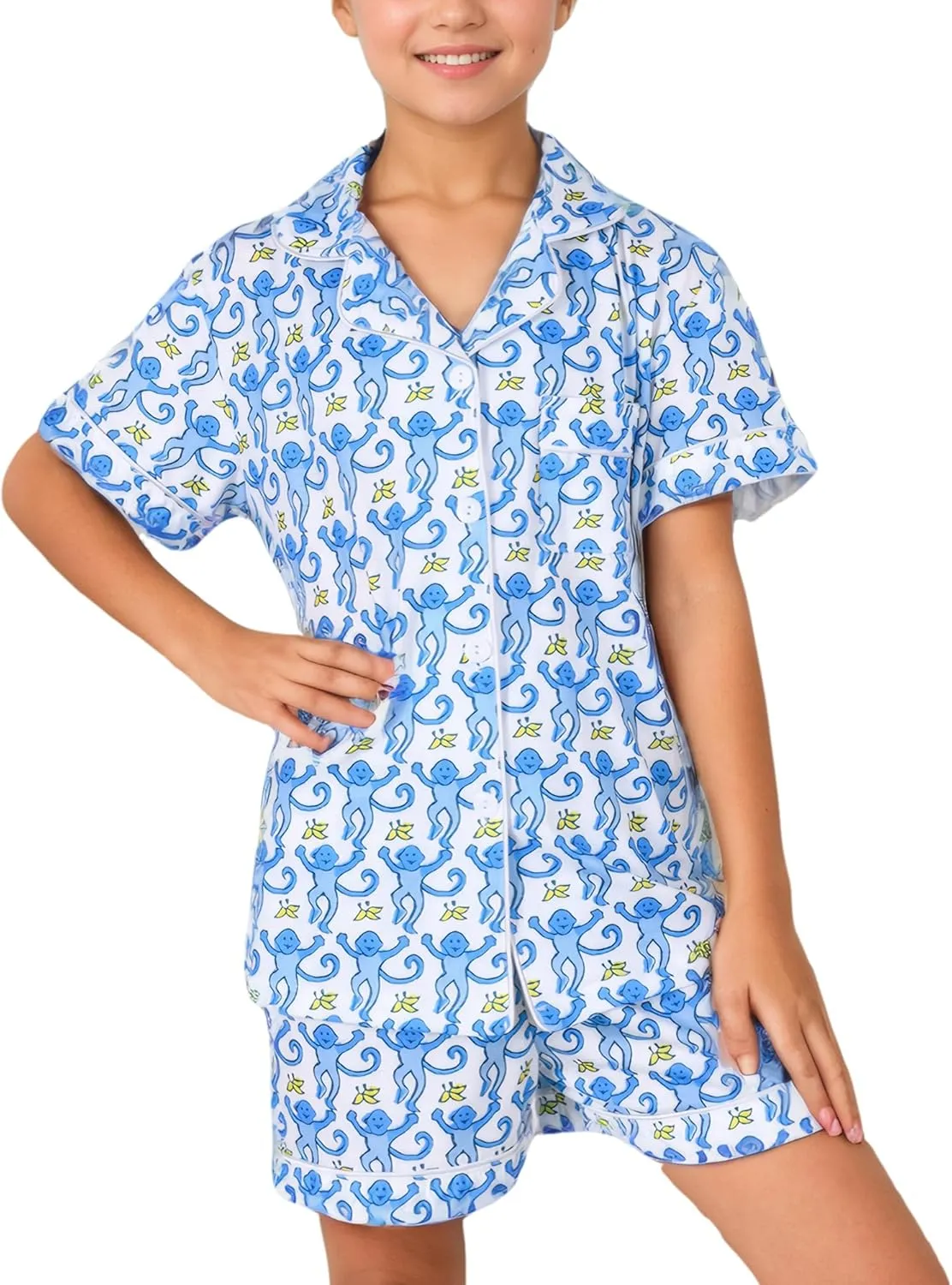 Girls Summer Outfit, Kids 2 Piece Button Down Monkey Beach Shorts Set Ugly Animal Y2k Preppy Loungewear Pjs