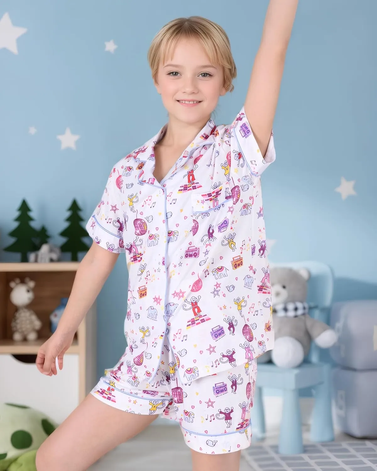 Girls Summer Outfit, Kids 2 Piece Button Down Monkey Beach Shorts Set Ugly Animal Y2k Preppy Loungewear Pjs