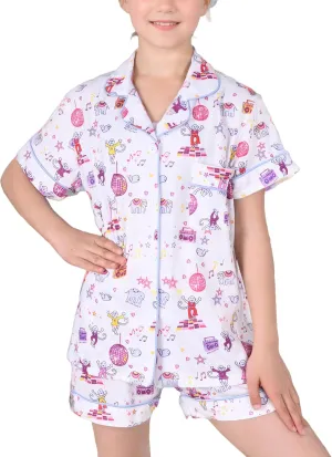 Girls Summer Outfit, Kids 2 Piece Button Down Monkey Beach Shorts Set Ugly Animal Y2k Preppy Loungewear Pjs