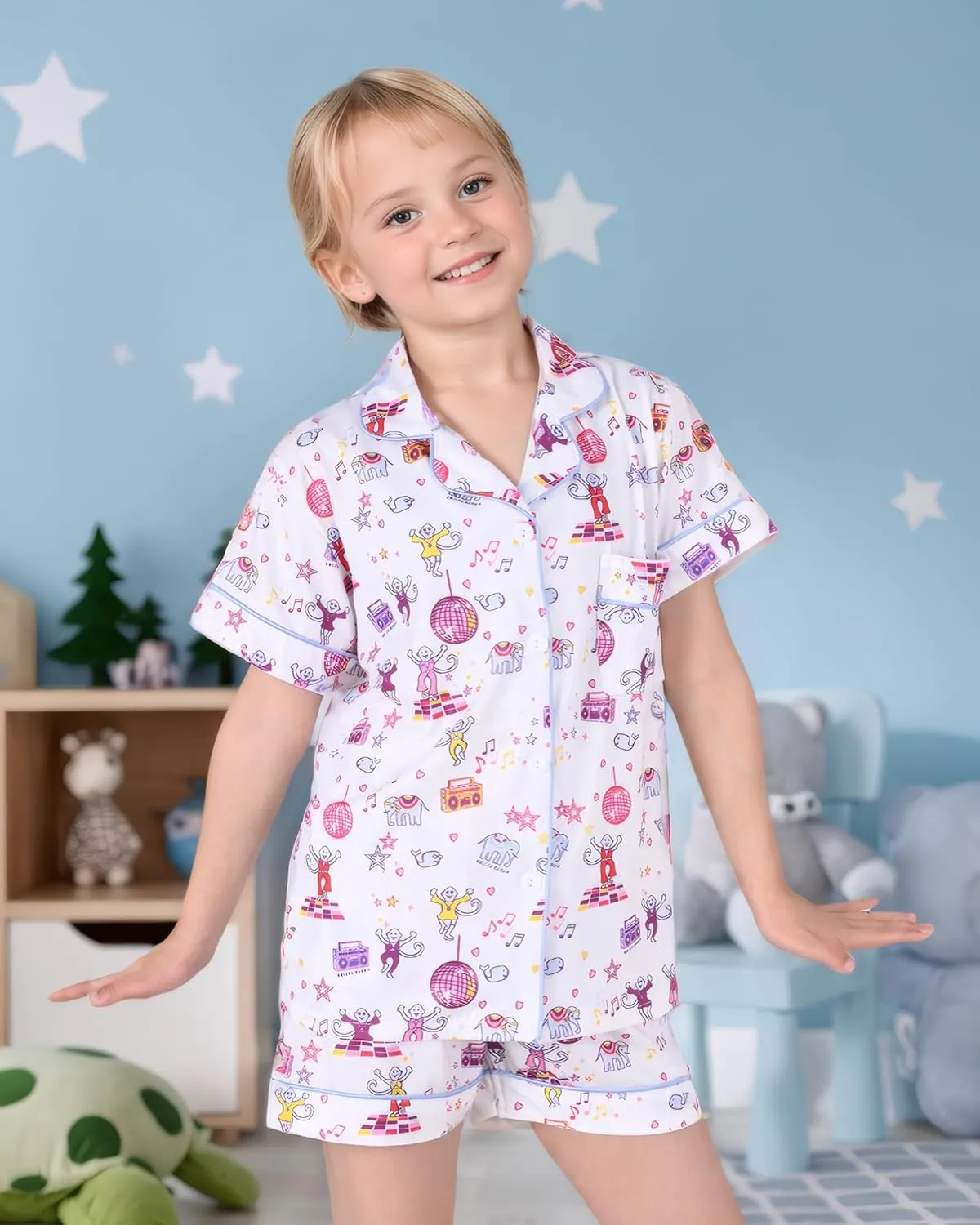 Girls Summer Outfit, Kids 2 Piece Button Down Monkey Beach Shorts Set Ugly Animal Y2k Preppy Loungewear Pjs