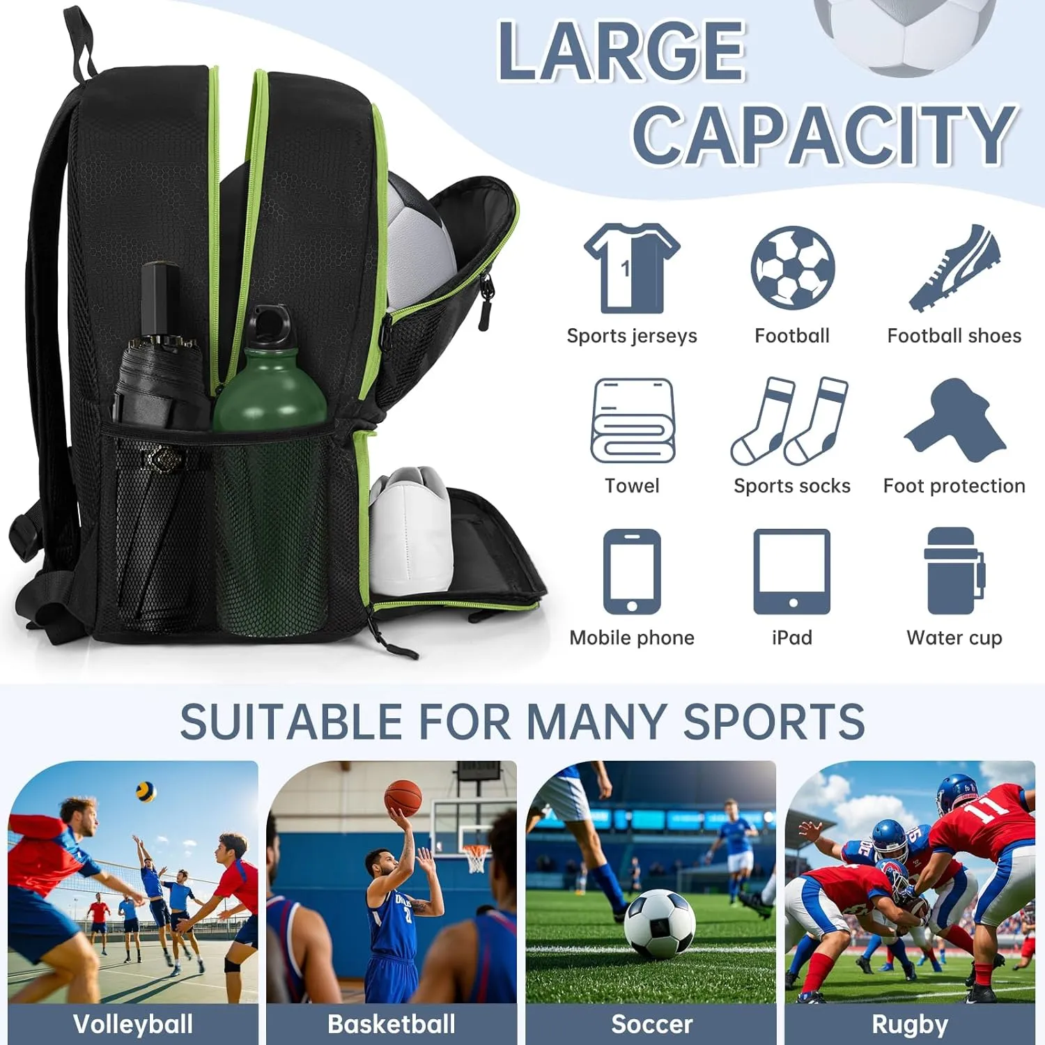 GMAK Soccer Backpack, Soccer Bag with Ball Compartment & Shoe Compartment for Football, Basketball, Volleyball, Water resistant Sport Equipment Bags, Lightweight Training Package for Youth, Black