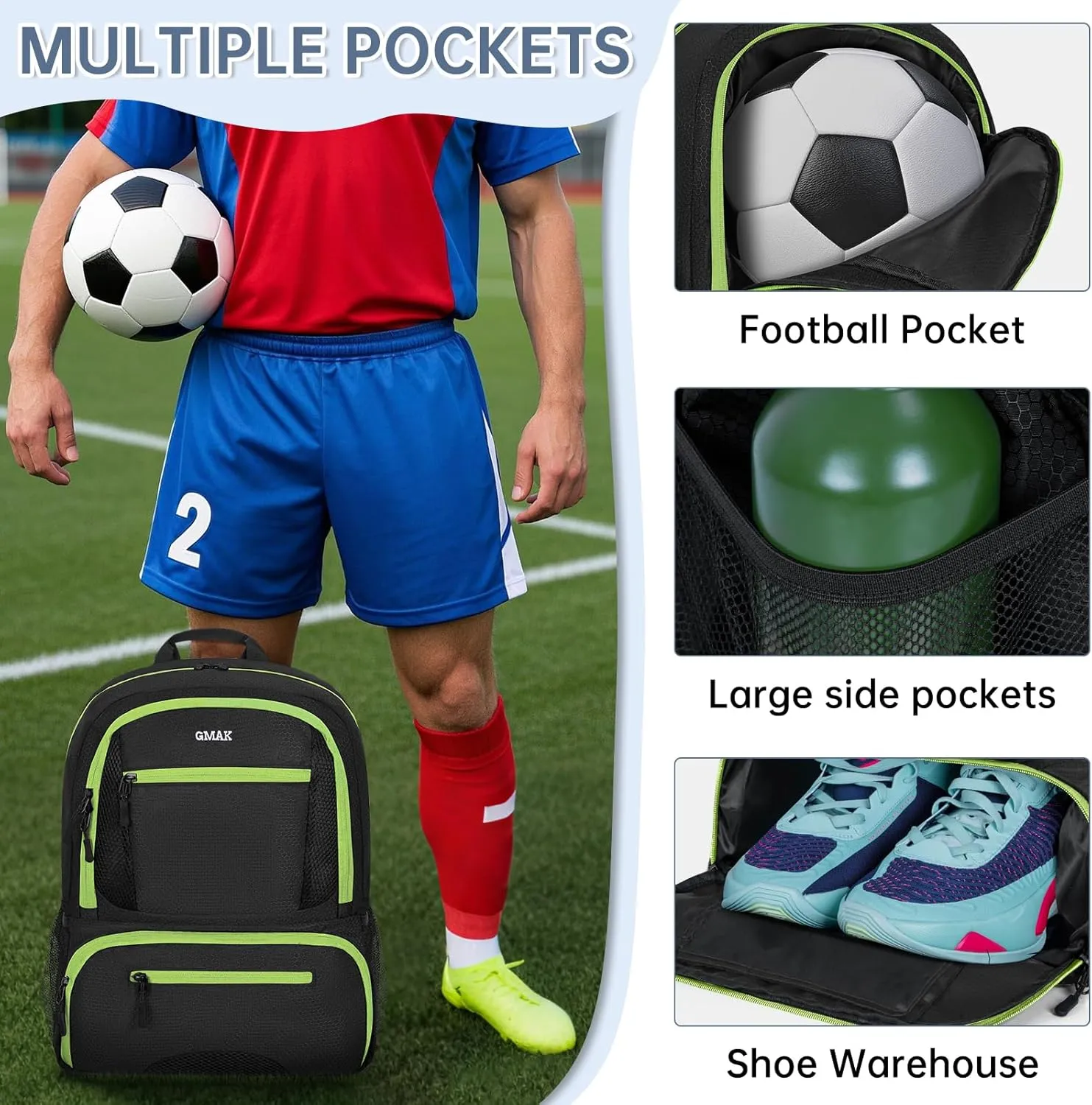 GMAK Soccer Backpack, Soccer Bag with Ball Compartment & Shoe Compartment for Football, Basketball, Volleyball, Water resistant Sport Equipment Bags, Lightweight Training Package for Youth, Black