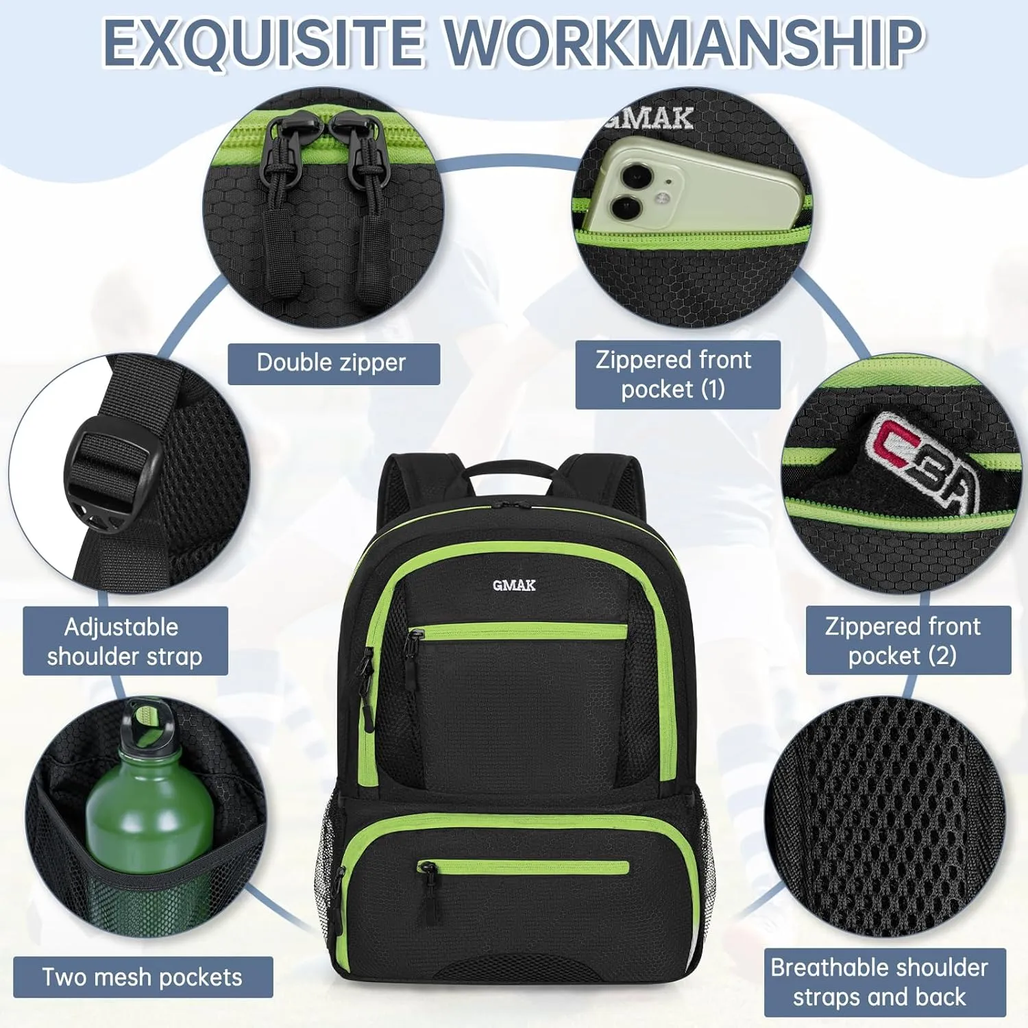 GMAK Soccer Backpack, Soccer Bag with Ball Compartment & Shoe Compartment for Football, Basketball, Volleyball, Water resistant Sport Equipment Bags, Lightweight Training Package for Youth, Black