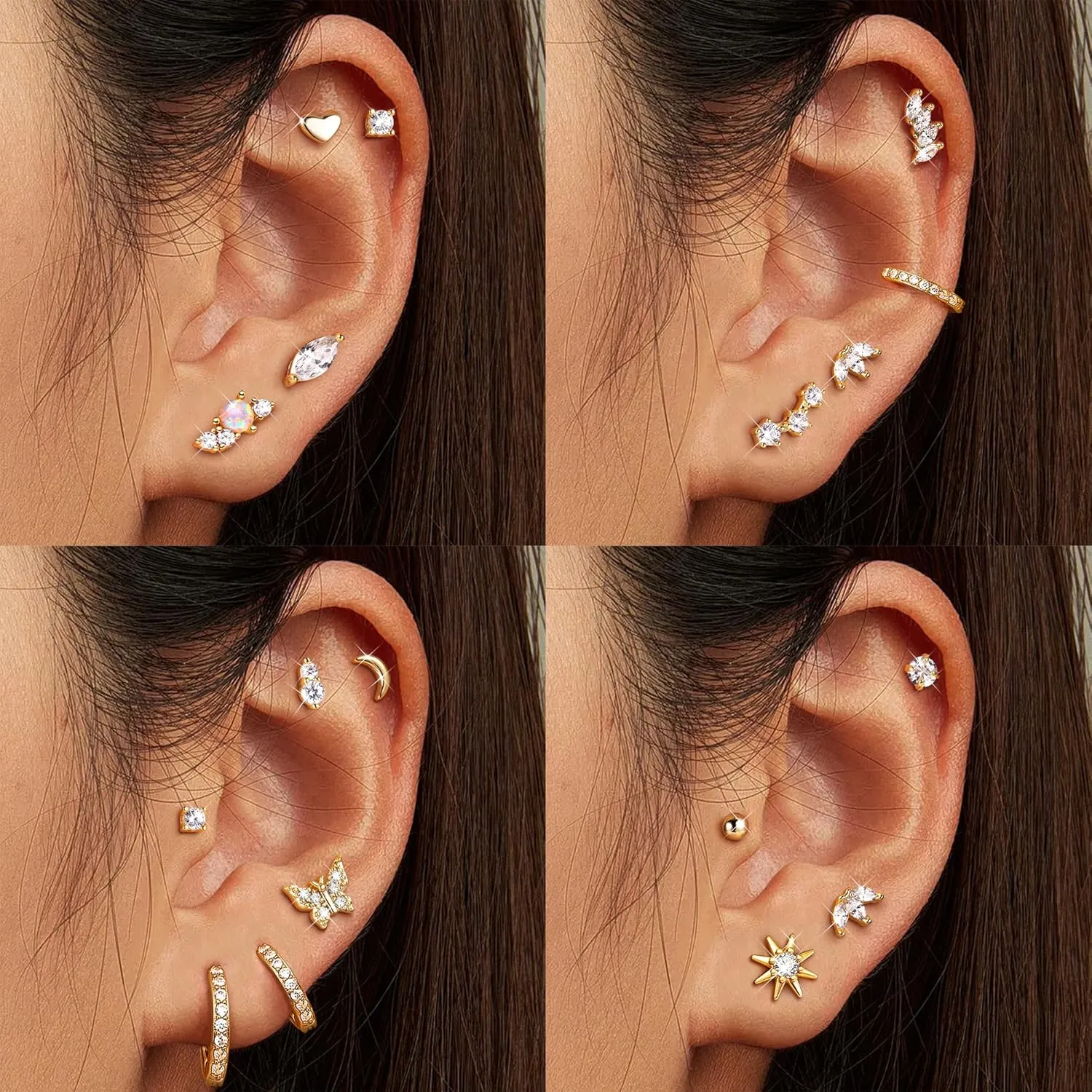 Gold Flat Back Earrings for Women Sterling Silver Earrings Post Hypoallergenic 14k Gold Plated Stud Earrings for Women Trendy Cartilage Earring Helix Conch Tragus Piercing Jewelry Dainty CZ Opal Flatback Stud Earrings Set 3 Pairs
