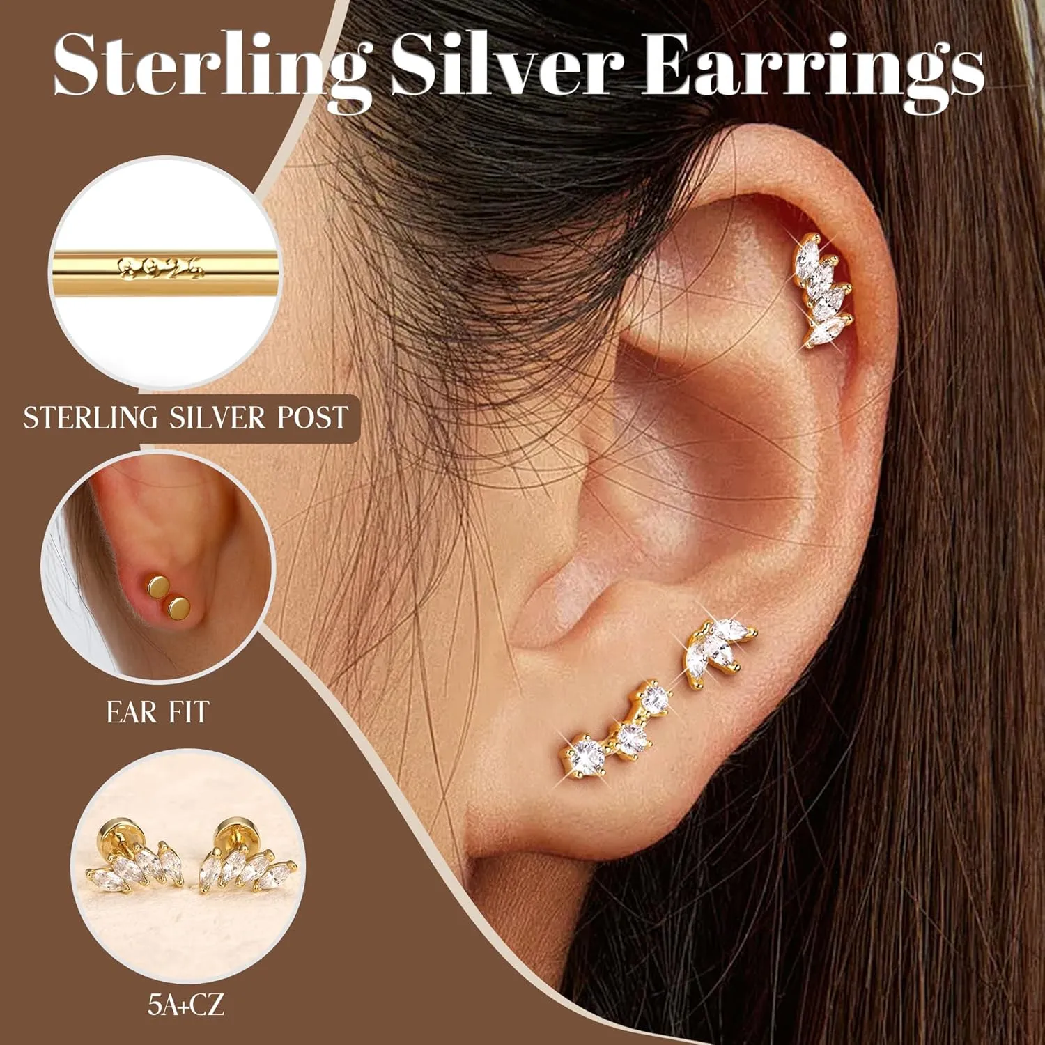 Gold Flat Back Earrings for Women Sterling Silver Earrings Post Hypoallergenic 14k Gold Plated Stud Earrings for Women Trendy Cartilage Earring Helix Conch Tragus Piercing Jewelry Dainty CZ Opal Flatback Stud Earrings Set 3 Pairs