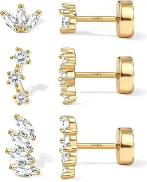 Gold Flat Back Earrings for Women Sterling Silver Earrings Post Hypoallergenic 14k Gold Plated Stud Earrings for Women Trendy Cartilage Earring Helix Conch Tragus Piercing Jewelry Dainty CZ Opal Flatback Stud Earrings Set 3 Pairs