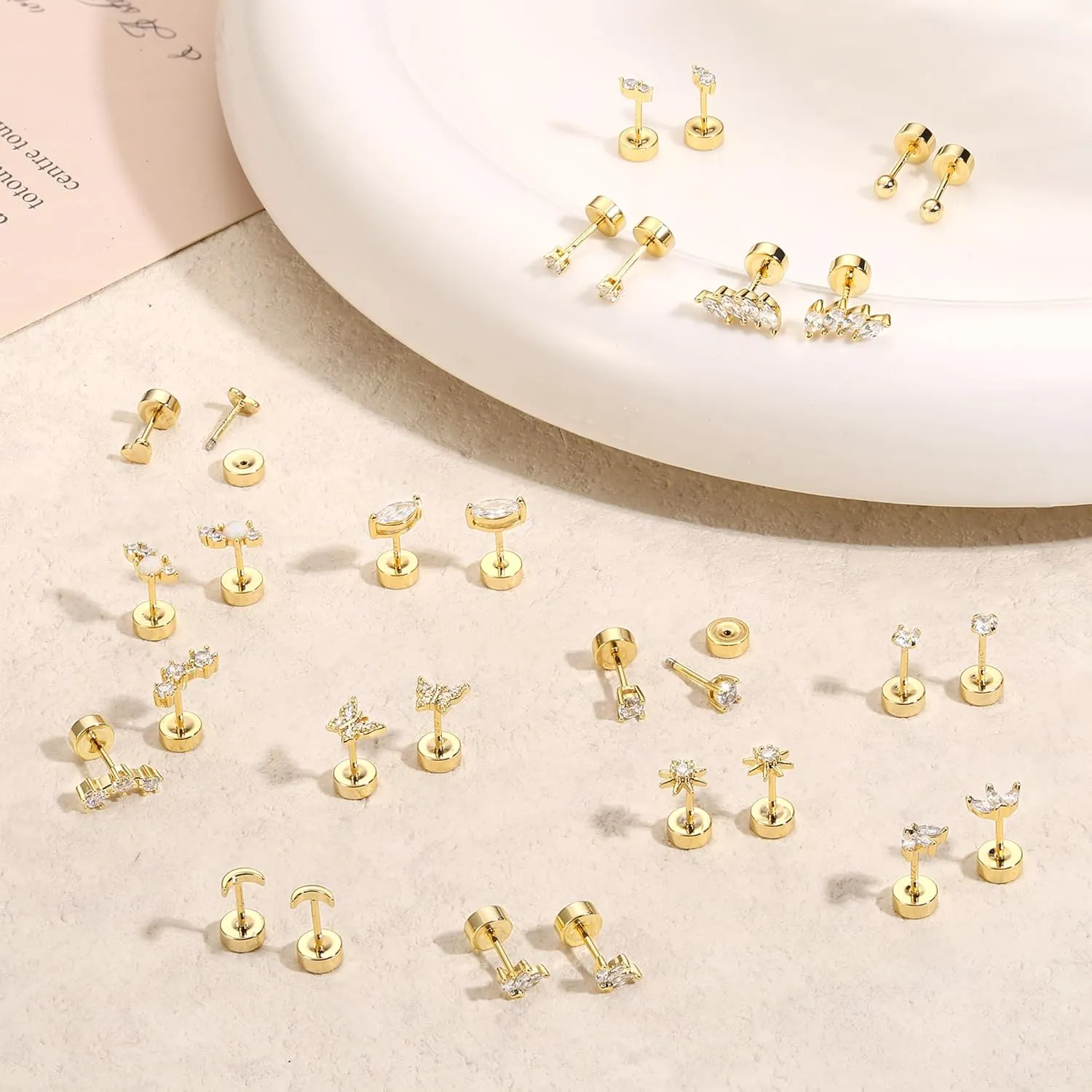 Gold Flat Back Earrings for Women Sterling Silver Earrings Post Hypoallergenic 14k Gold Plated Stud Earrings for Women Trendy Cartilage Earring Helix Conch Tragus Piercing Jewelry Dainty CZ Opal Flatback Stud Earrings Set 3 Pairs